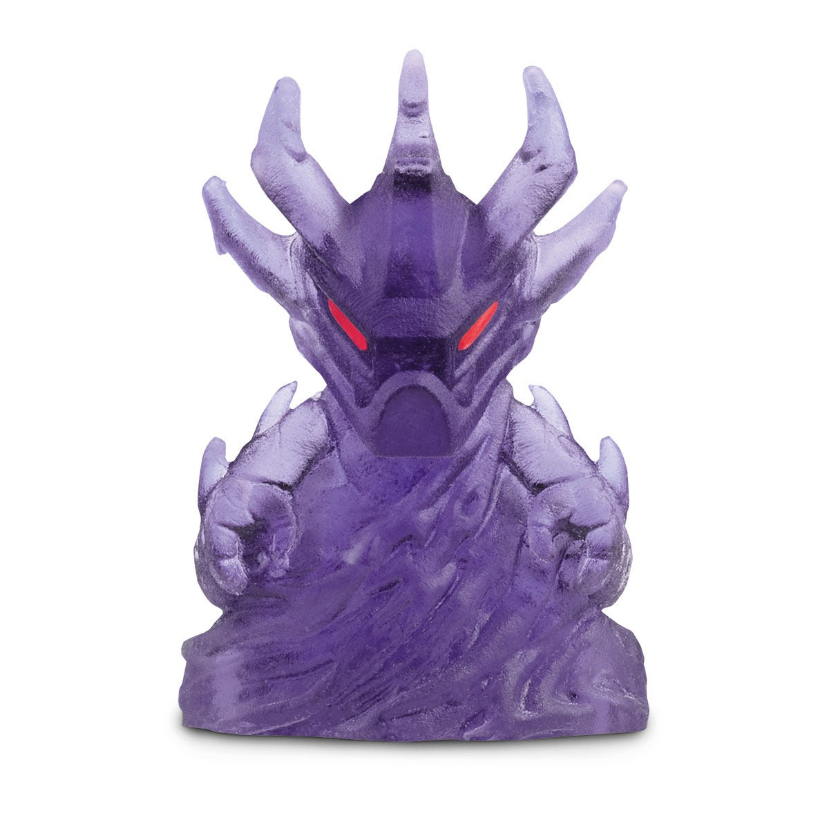 Fioletowa figurka potwora z czerwonymi oczami i groźną postawą.