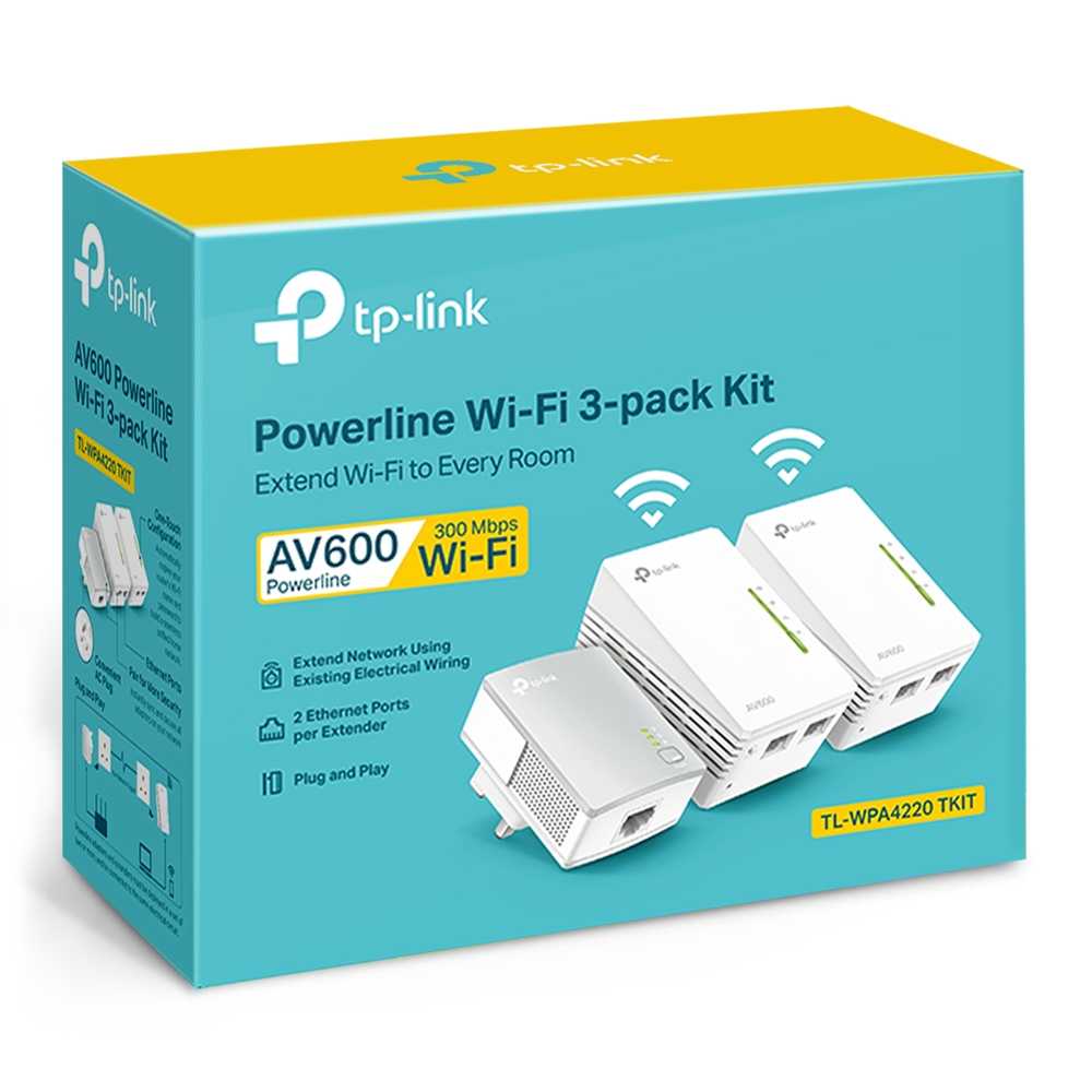Eine TP-Link Wi-Fi 3er-Pack-Kit-Box. Sie zeigt das Kit, die Extender und Funktionen wie AV600 und Wi-Fi.