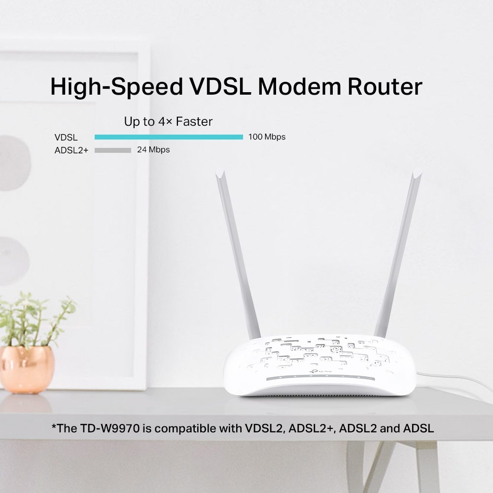 Antenli beyaz modem yönlendirici bir masada, yüksek hızlı VDSL'yi belirten metin.
