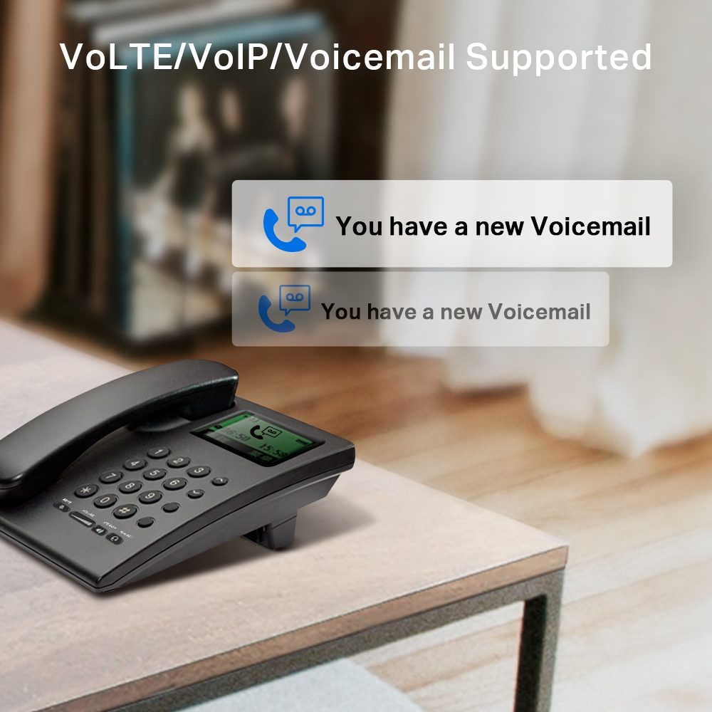 Czarny telefon stacjonarny z wyświetlaczem cyfrowym i dwoma wyskakującymi powiadomieniami poczty głosowej.