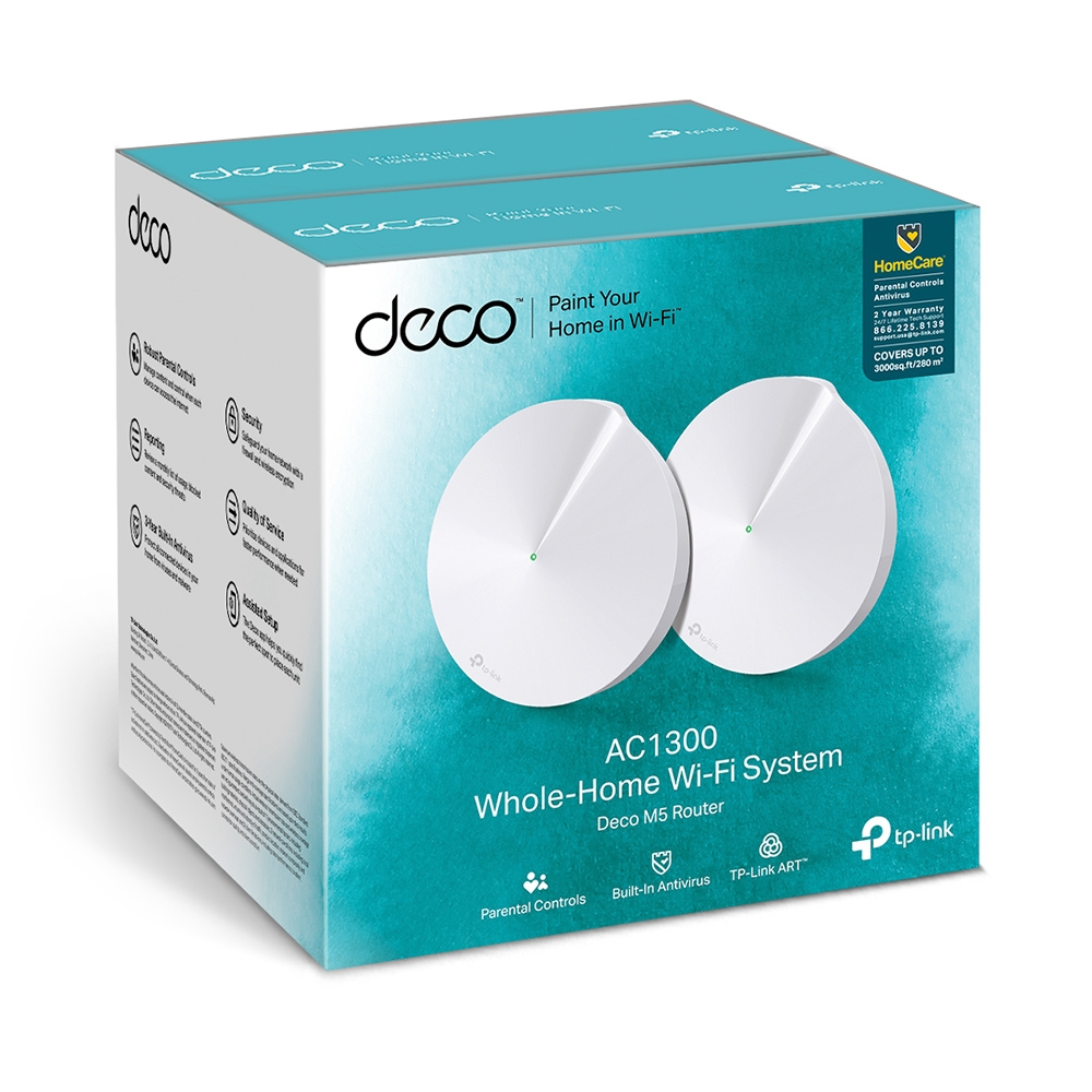 Caja blanca del enrutador Wi-Fi Deco con dos unidades Deco blancas dentro. Texto en la caja.