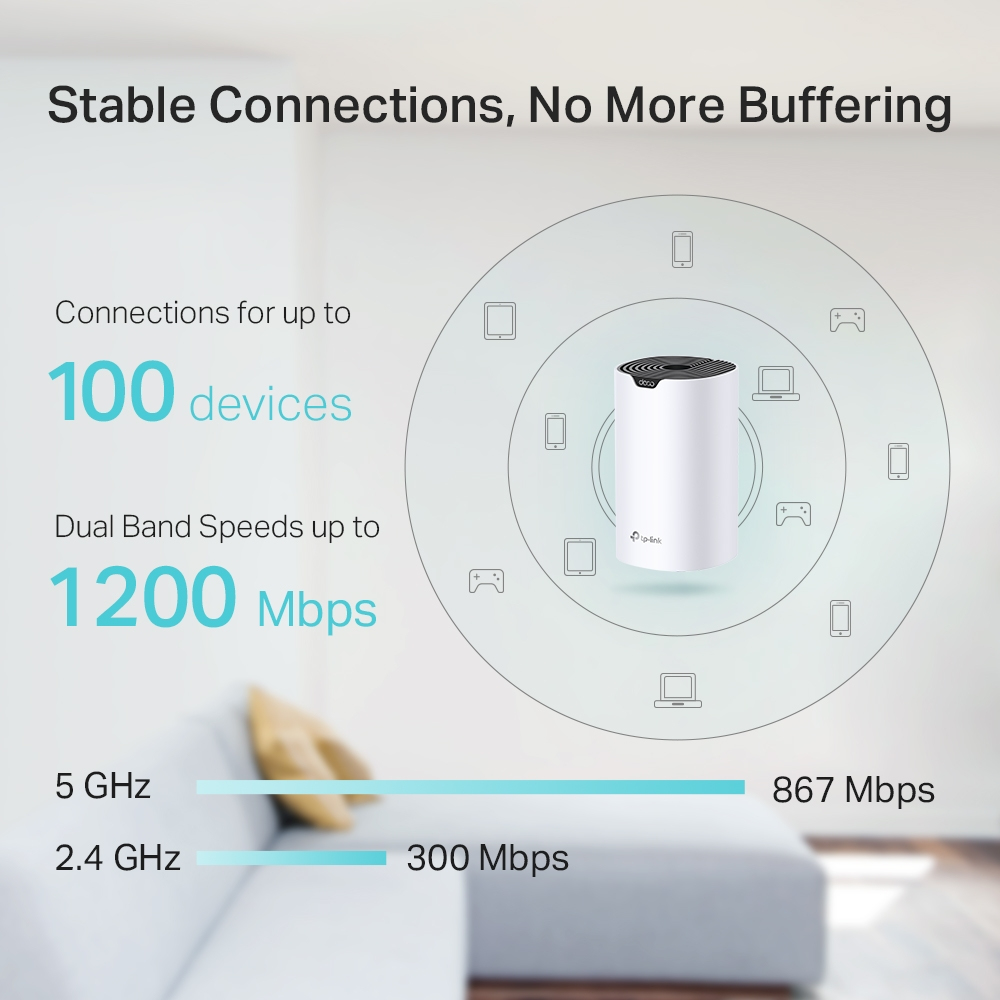 Biały router z tekstem o stabilnych połączeniach i prędkościach dwuzakresowych.