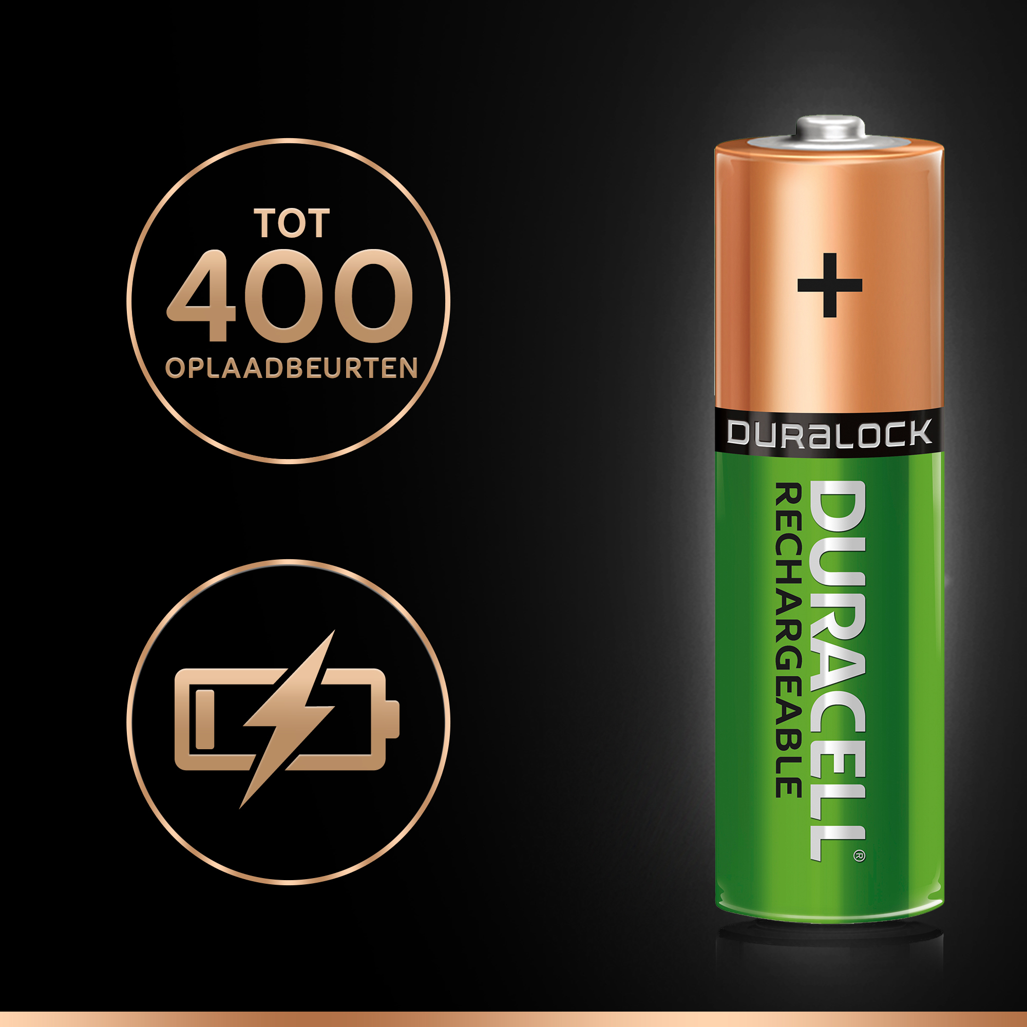 Akumulator Duracell, zielony i miedziany, z napisem "DURACELL RECHARGEABLE".
