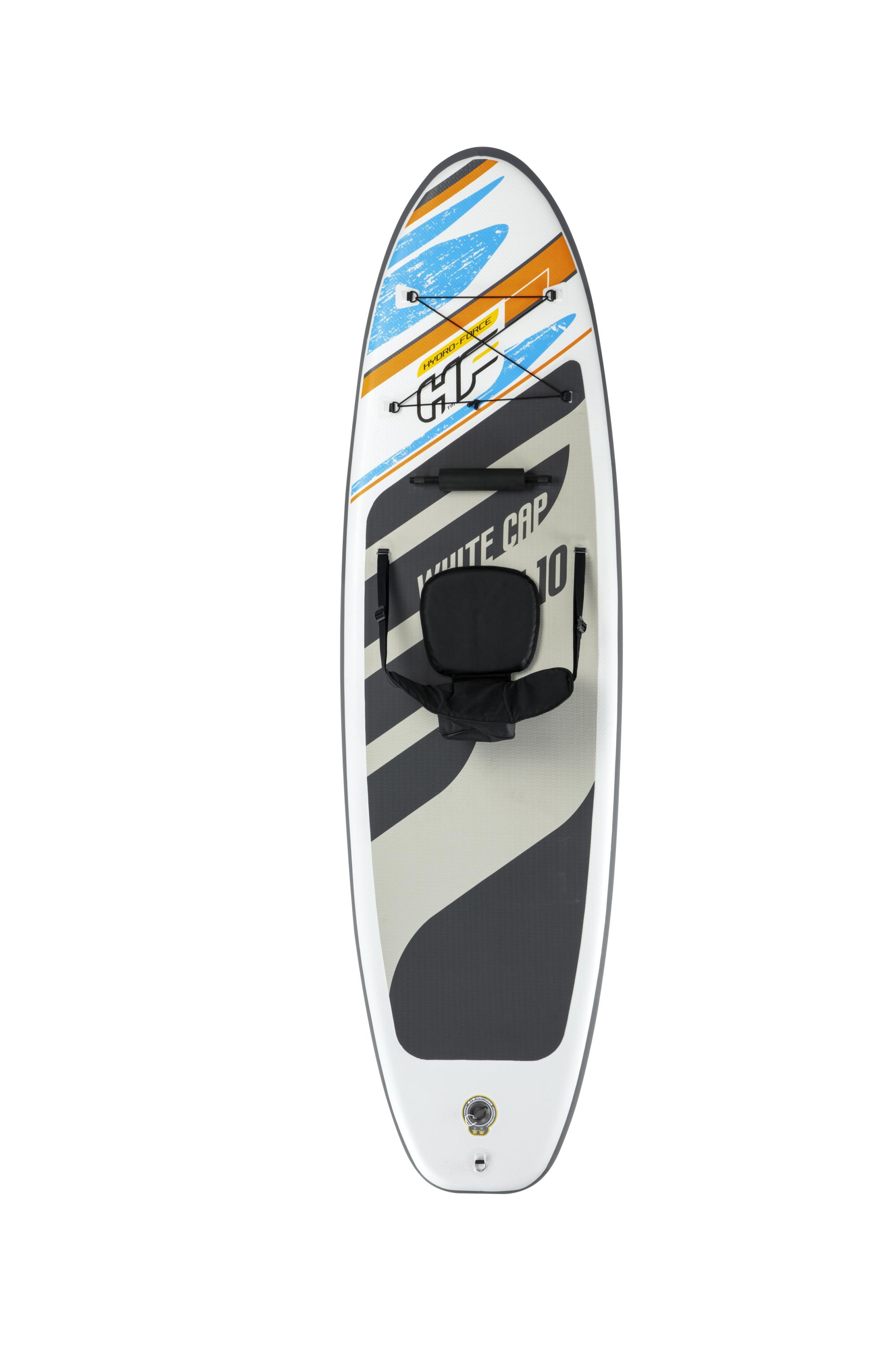 Tabla de paddle surf con asiento, vista desde arriba, aislada sobre fondo blanco.