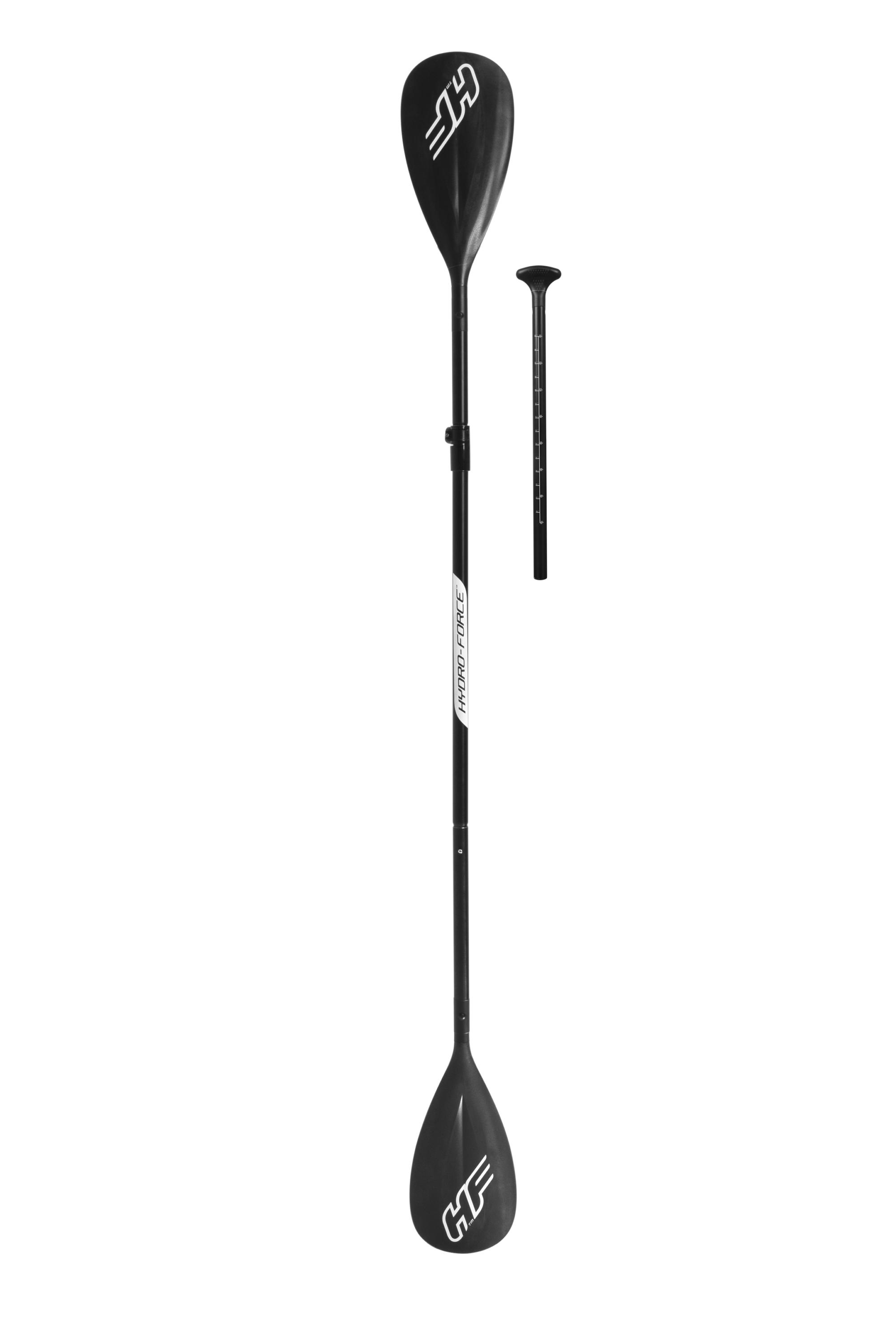 Remo de paddleboard blanco y negro, completamente ensamblado y desensamblado. Fondo blanco.