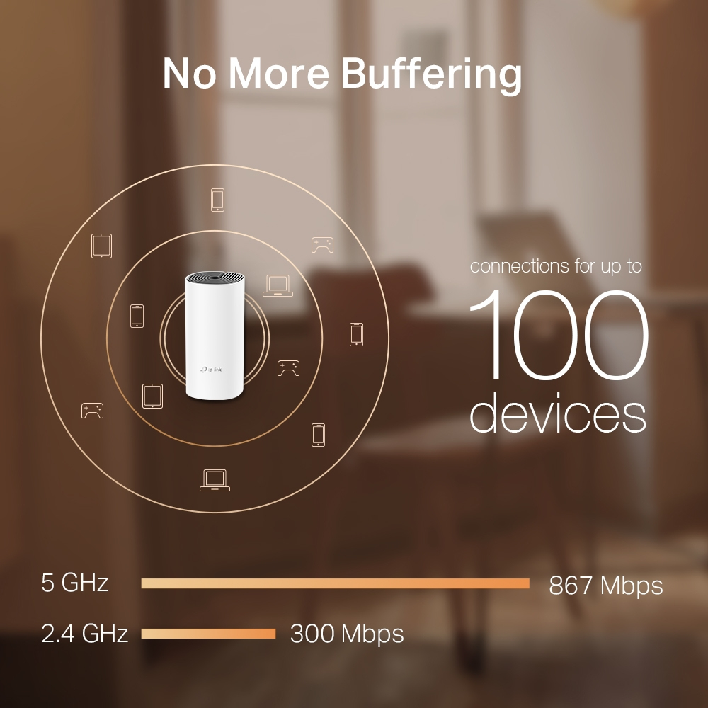 Weißer Router mit mehreren angeschlossenen Geräten. Orange und weiße Grafiken.