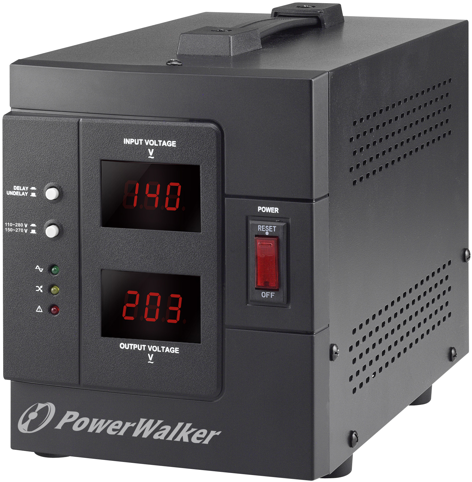 Ein schwarzes PowerWalker-Gerät mit Digitalanzeigen, Knöpfen und einem Netzschalter mit der Aufschrift 'OFF'.