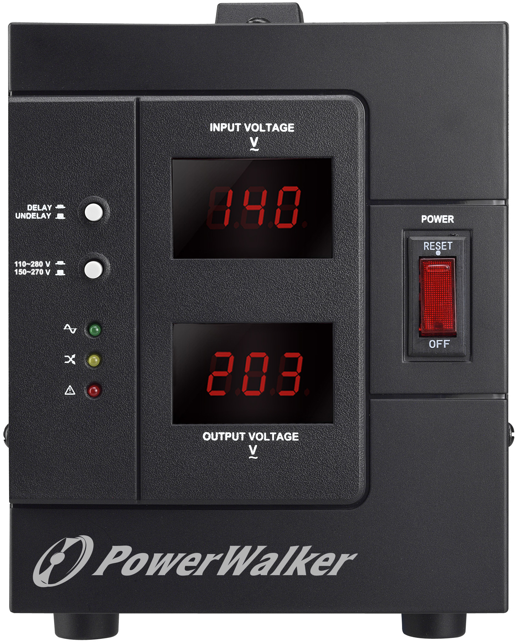 Schwarzer PowerWalker. Zeigt Eingangs- und Ausgangsspannung an. Roter Ein-Aus-Schalter.