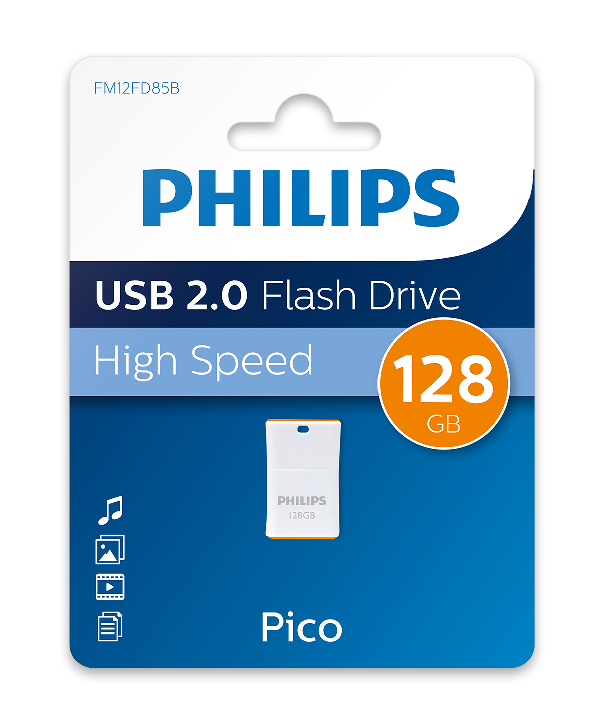 Dysk flash USB 2.0 Philips o pojemności 128 GB, w niebiesko-białym opakowaniu, model Pico.