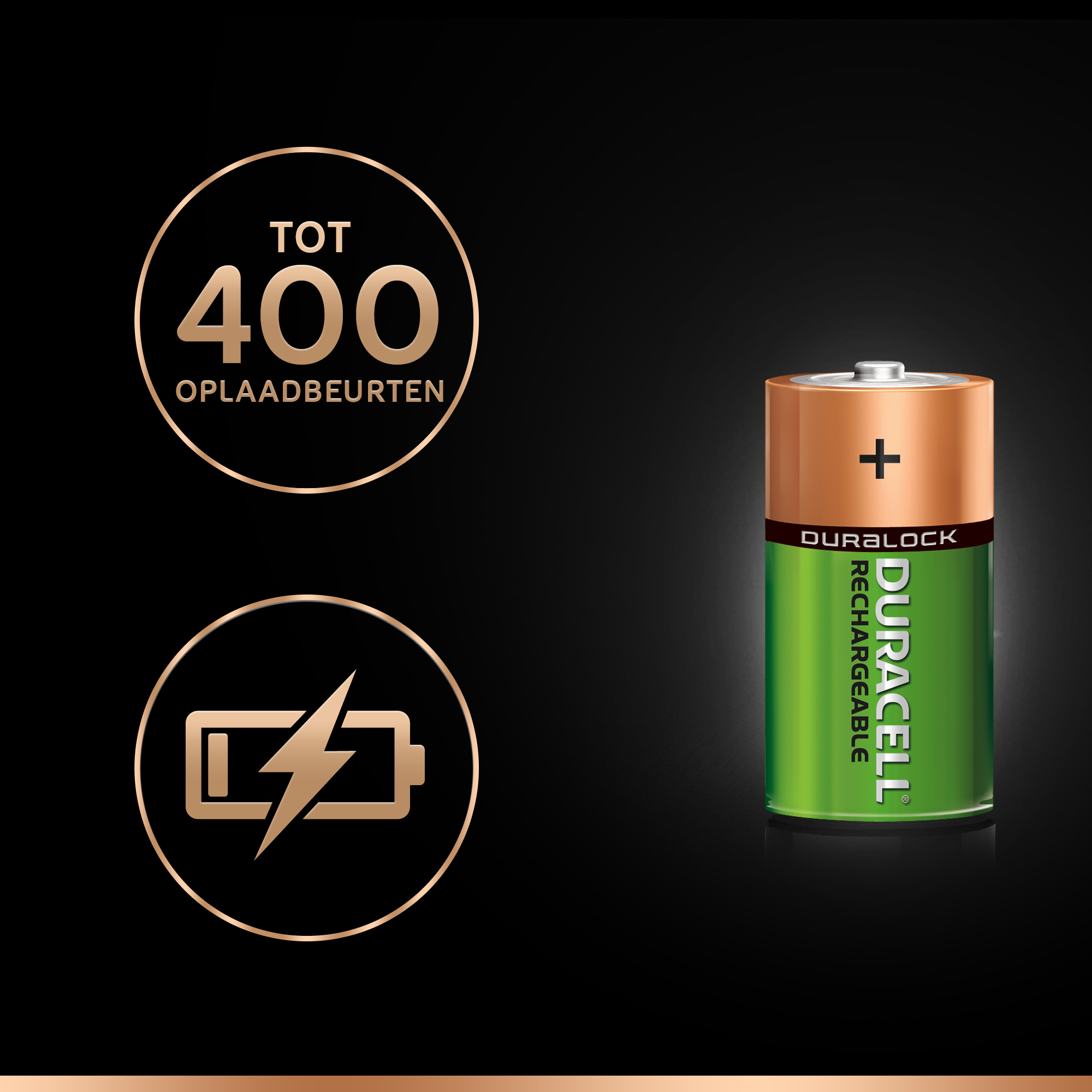 Akumulator Duracell. Tekst: DURABLOCK RECHARGEABLE, z ikonami ładowania i 400 ładowaniami.
