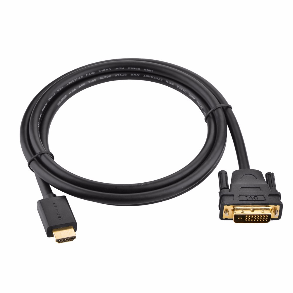 Schwarzes HDMI-zu-DVI-Kabel. Das Kabel ist aufgerollt und hat Anschlüsse an beiden Enden.