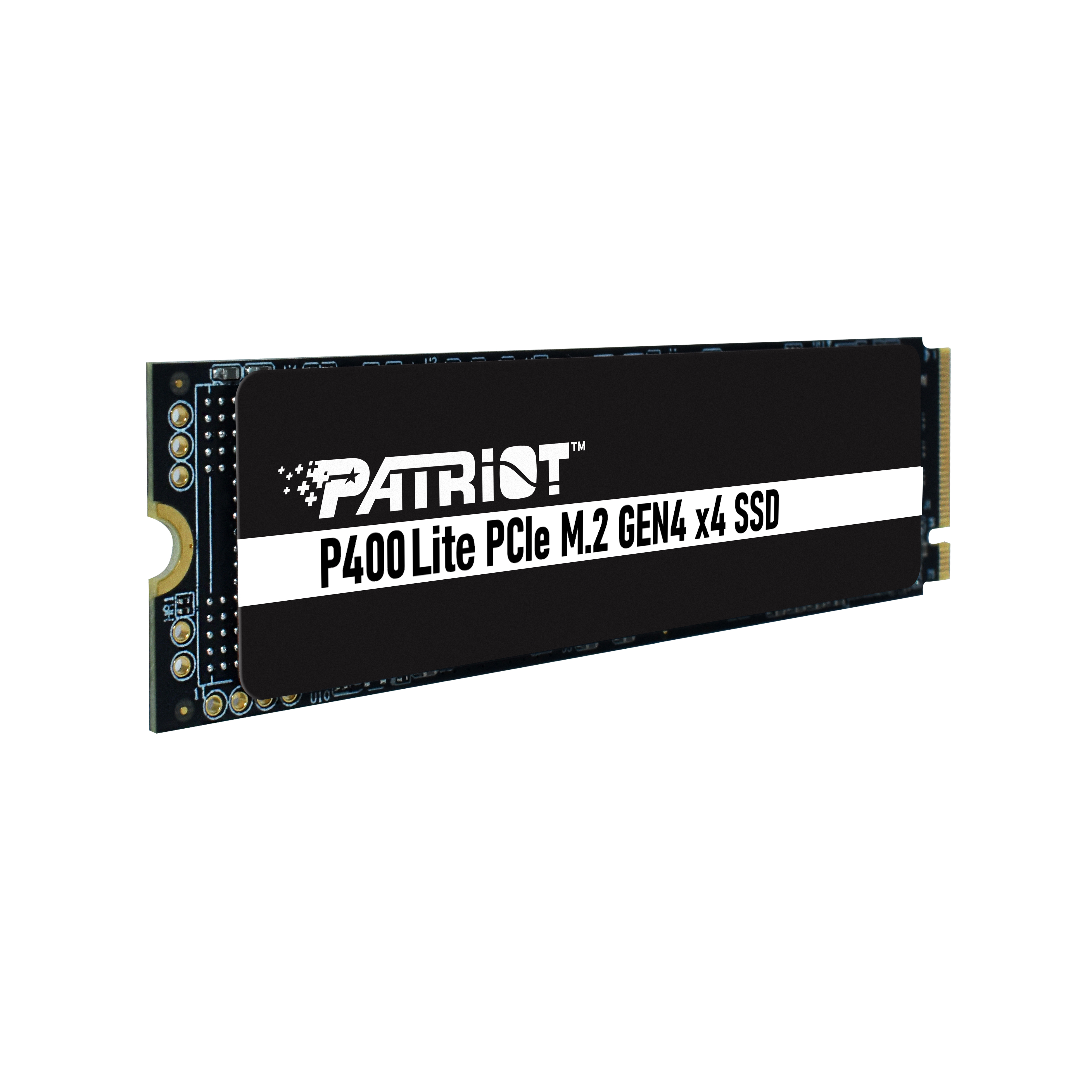 Czarny P400 Lite PCIe M.2 Gen4 x4 SSD na białym tle, z logo Patriot.
