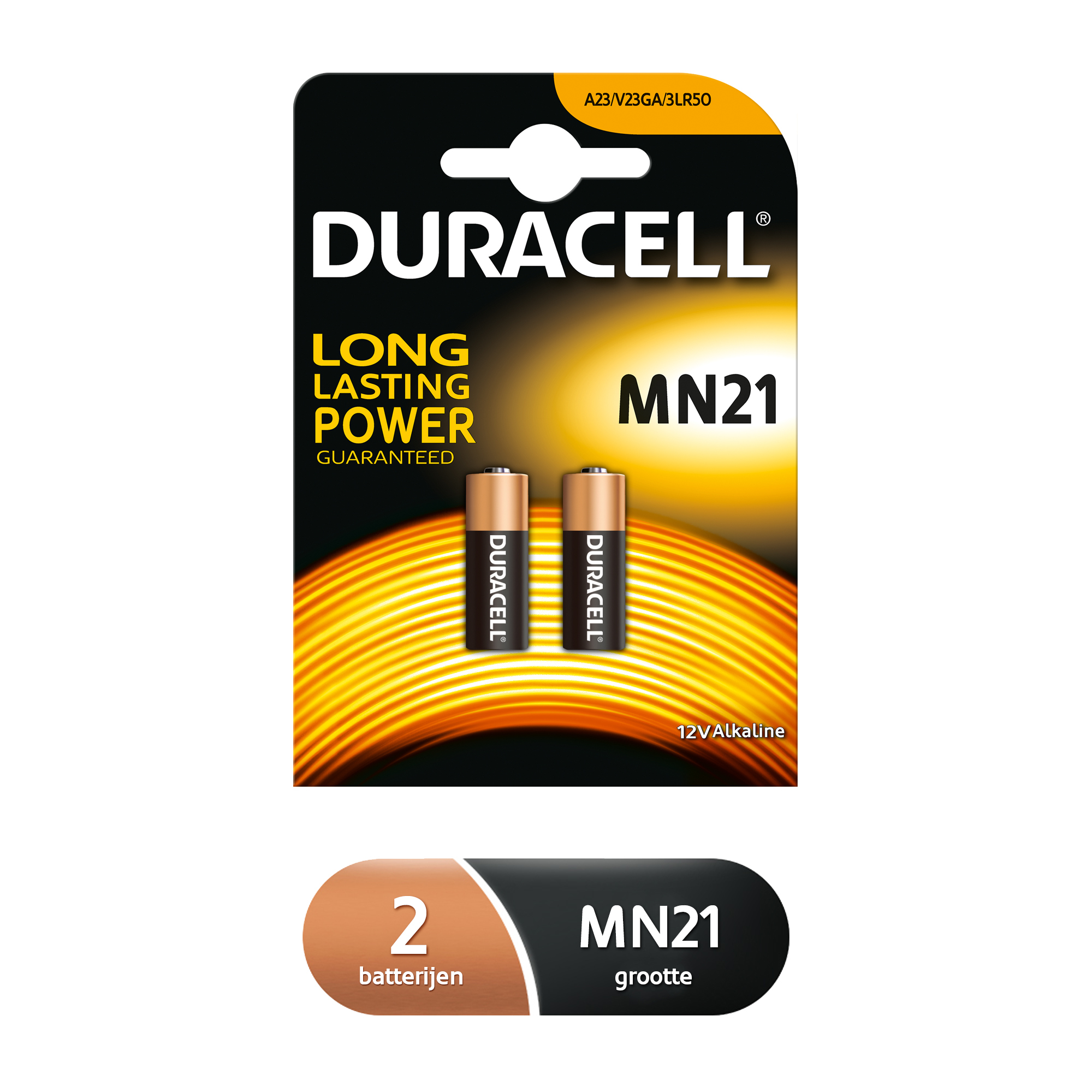 Een verpakking Duracell MN21 batterijen, met twee batterijen. Tekst: 'Long Lasting Power'.