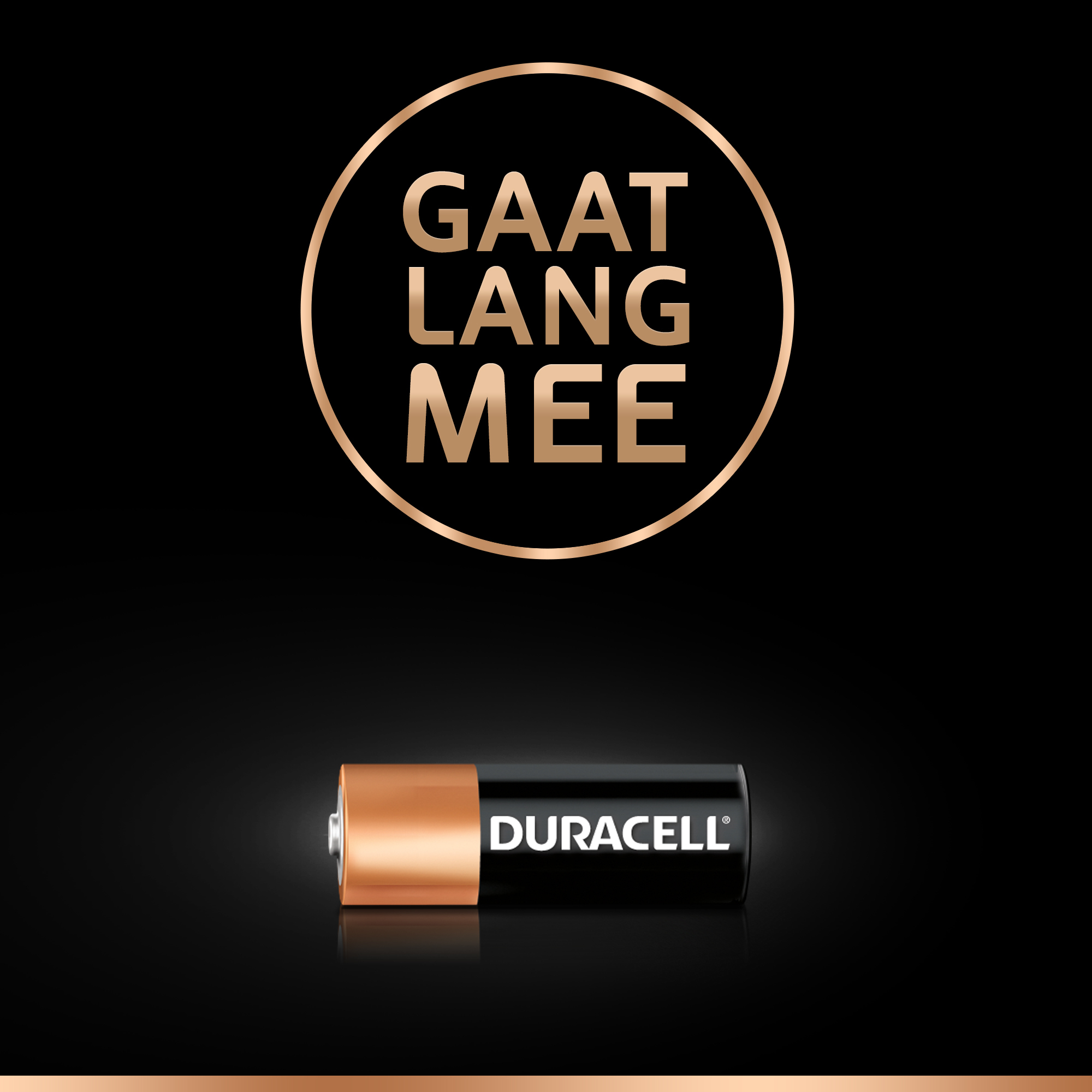 Zwarte Duracell-batterij met koperen bovenkant, gecentreerd. De tekst 'GAAT LANG MEE' staat boven de batterij.
