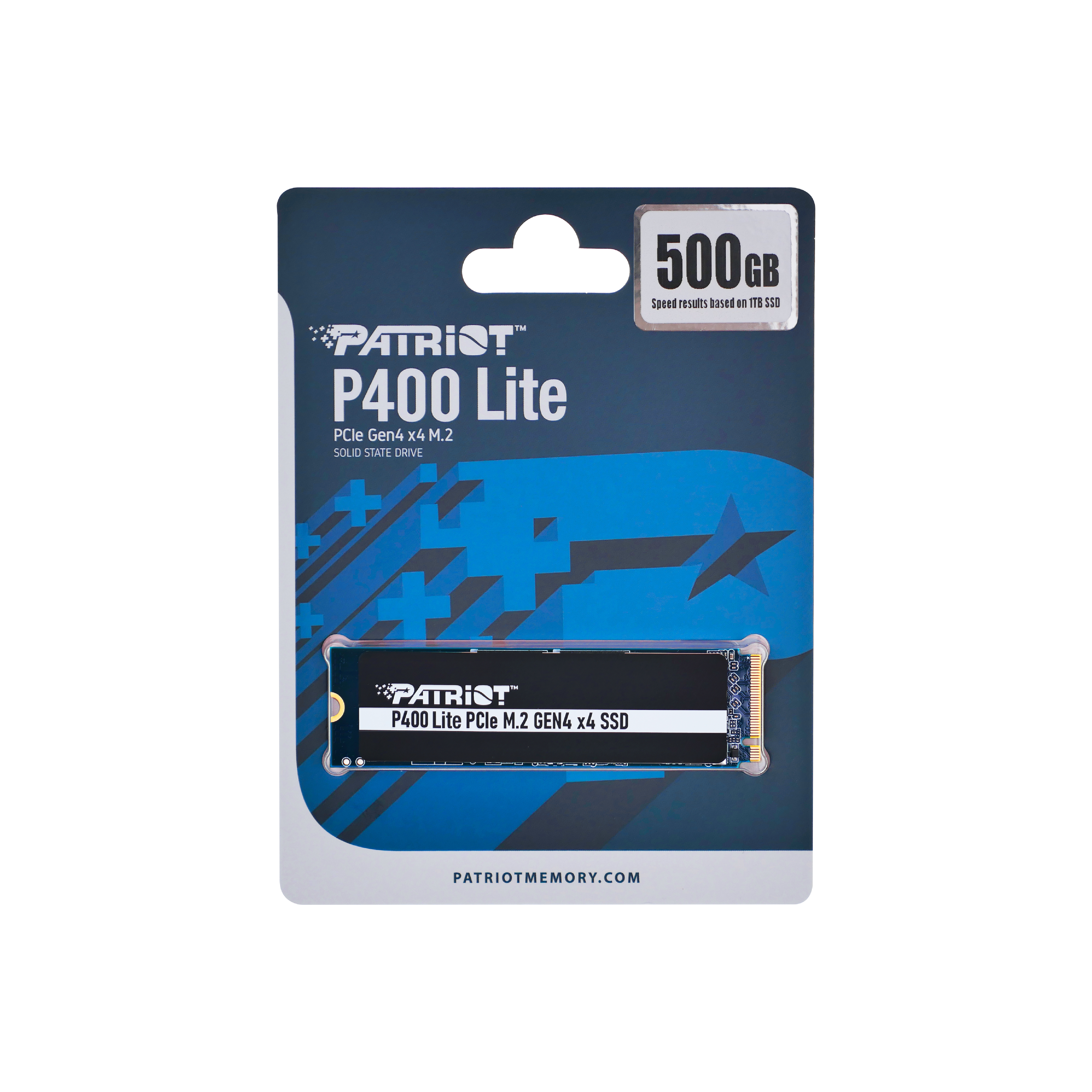Dysk SSD Patriot P400 Lite w niebiesko-białym opakowaniu na białym tle.