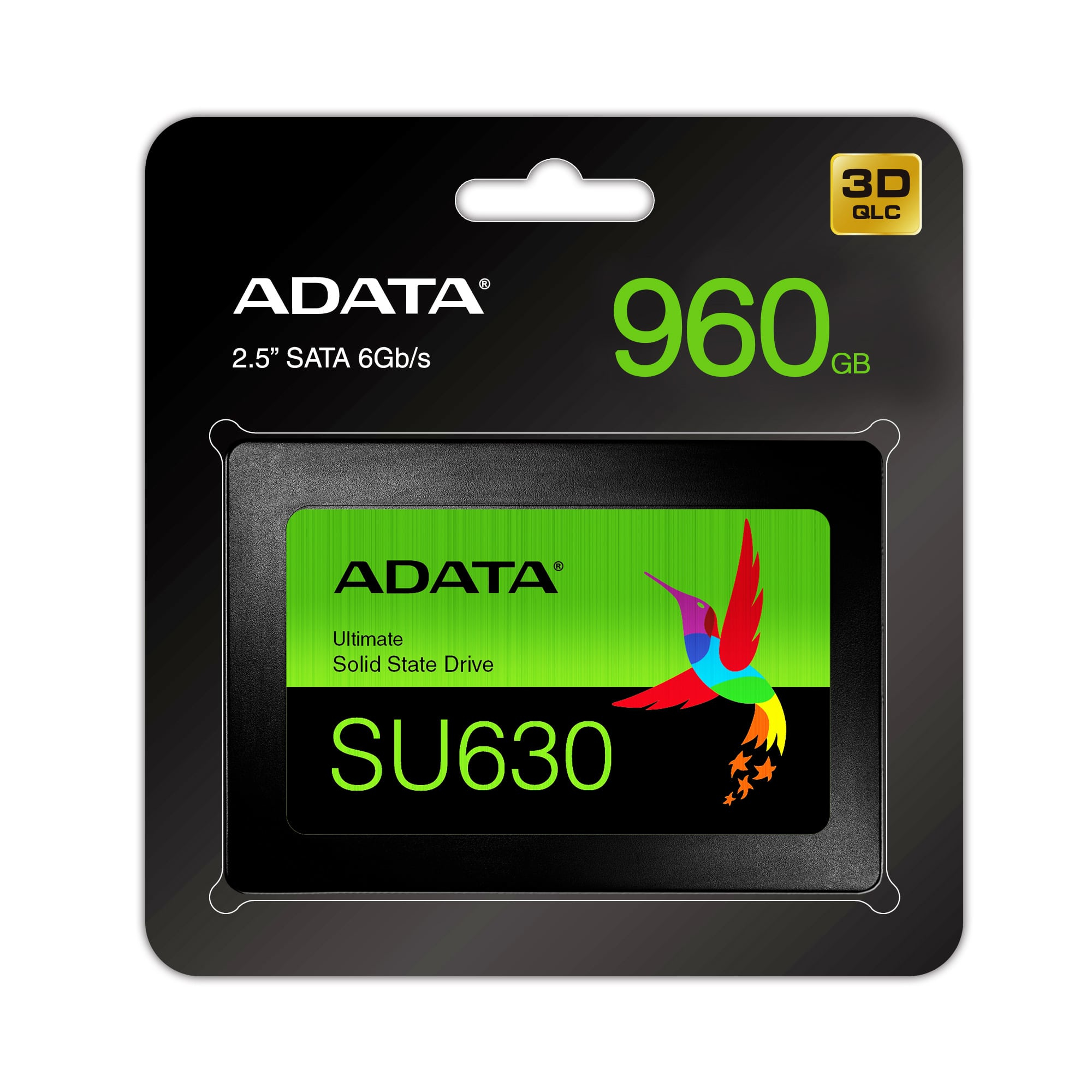 Opakowanie dysku SSD ADATA. Czarno-zielone, z grafiką kolibra i tekstem: 960GB.