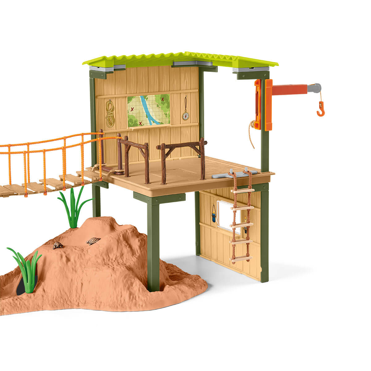 Ein Spielzeug-Baumhaus mit Brücke, Leiter und kleiner Insel. Grüne und braune Farben.