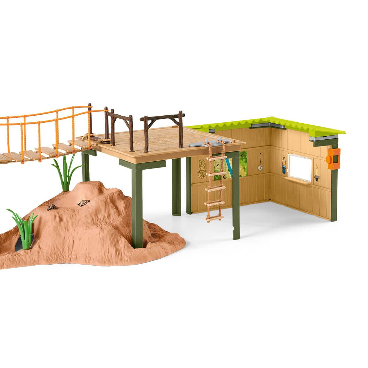 Ein Spielzeug-Spielset mit Brücke, Plattform, Leiter und kabinenartiger Struktur.
