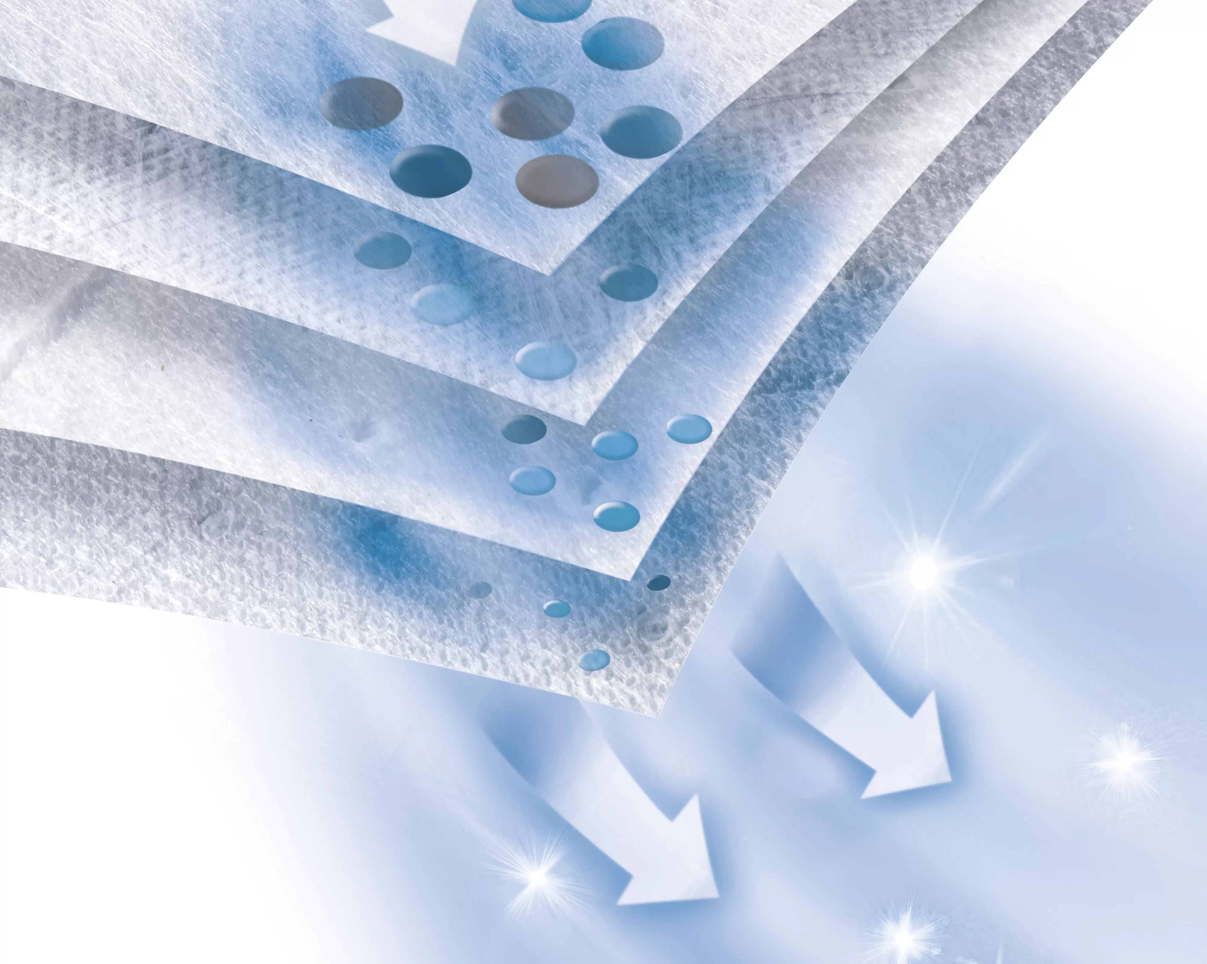 Warstwy białego materiału filtrującego ze wskaźnikami strzałek i kroplami wody. Jasne światło.