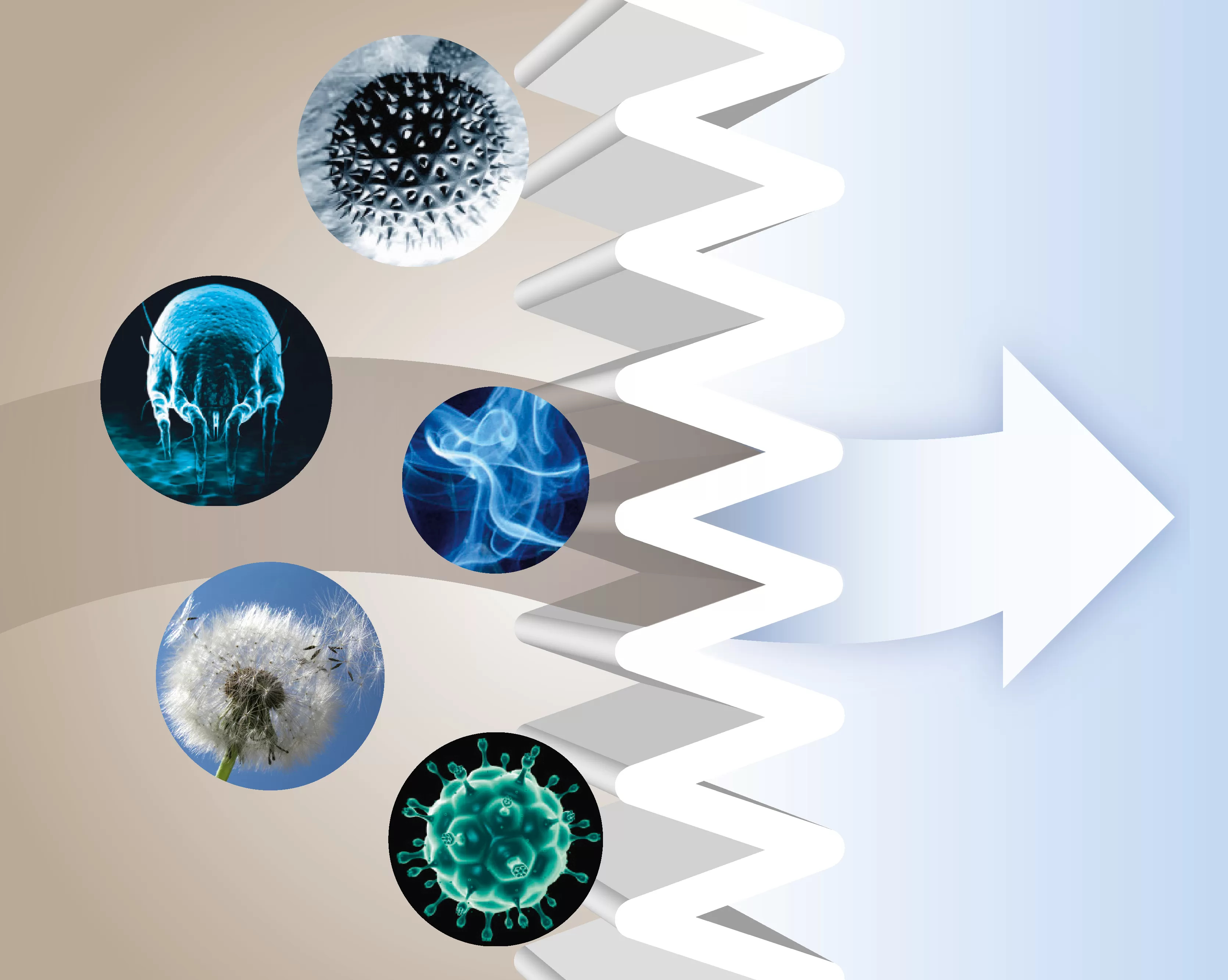 Abstrakcyjny obraz z okręgami zawierającymi drobnoustroje, dym i dmuchawiec. Biała strzałka.