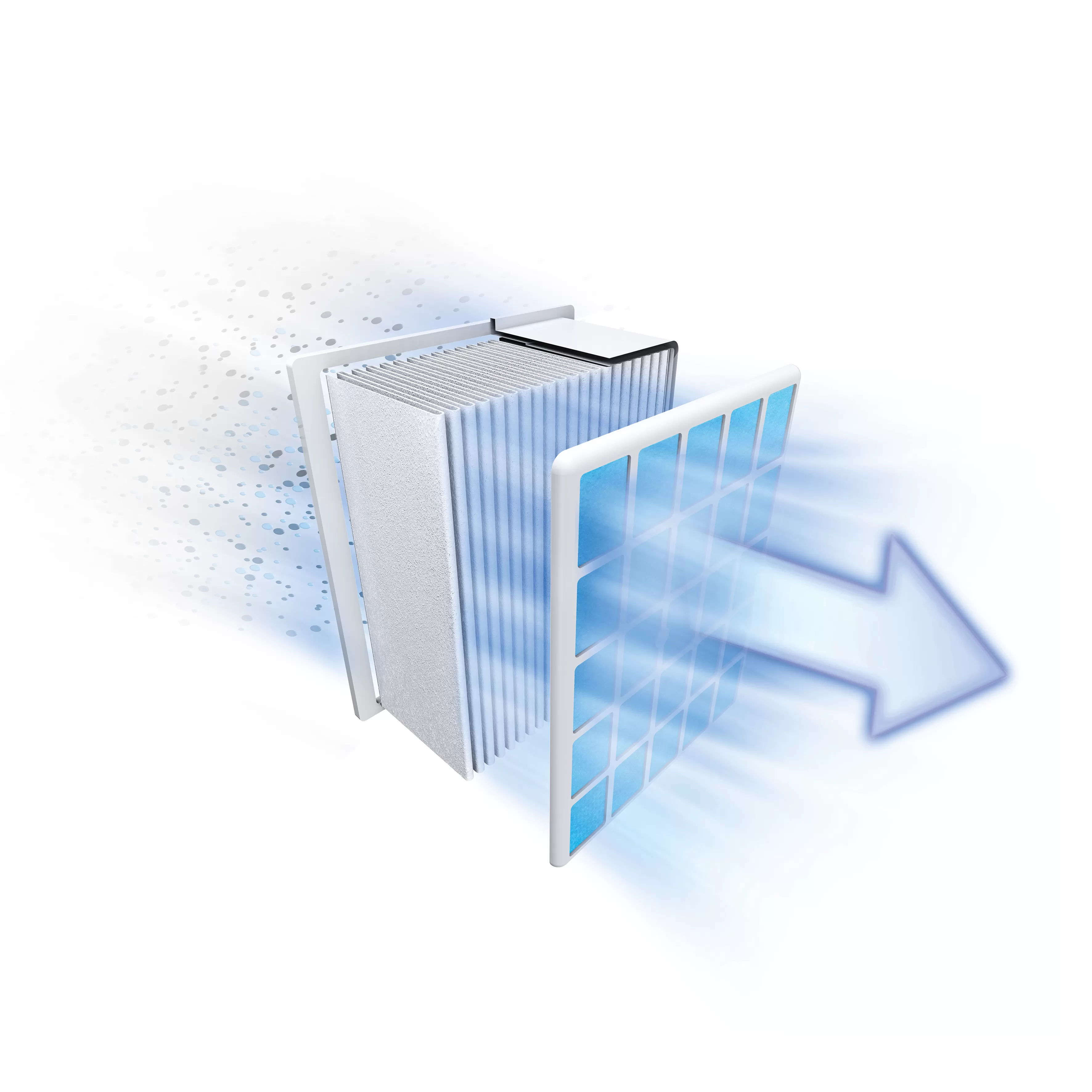 Filtr powietrza z niebieską kratką i białymi warstwami filtra, z białą strzałką w prawo.