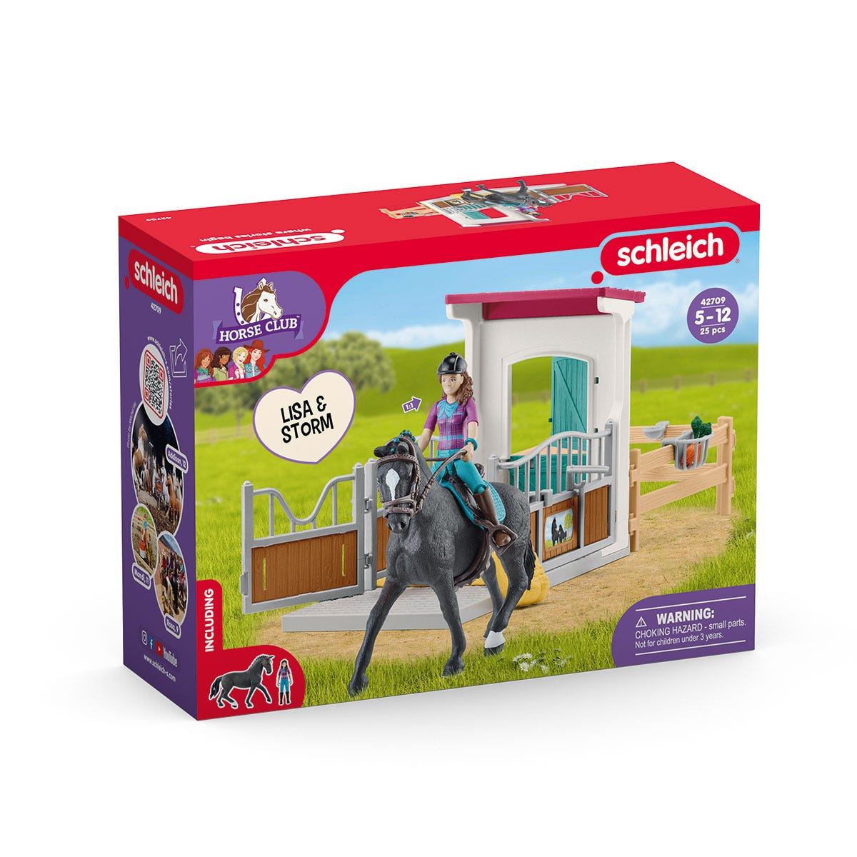 Boxset eines Pferdespielzeugs mit Reiterin und Stall. Die Box trägt die Aufschrift „Horse Club“ mit „Lisa & Storm“.