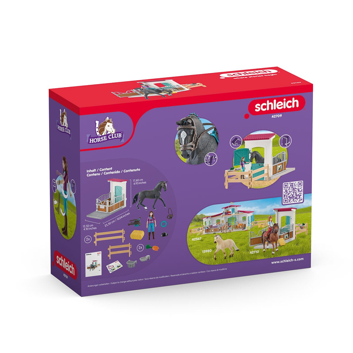 Eine Spielzeug-Pferdestallbox mit Bildern von Pferden und Ställen. Rote und lila Verpackung.
