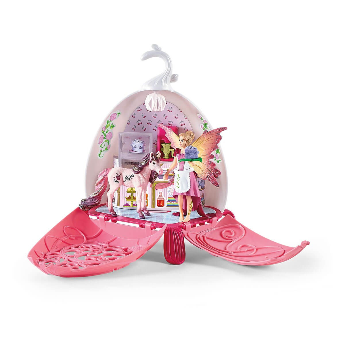 Rosa Feenspielset mit einer Fee, einem Pferd und einem kleinen Laden im Inneren.