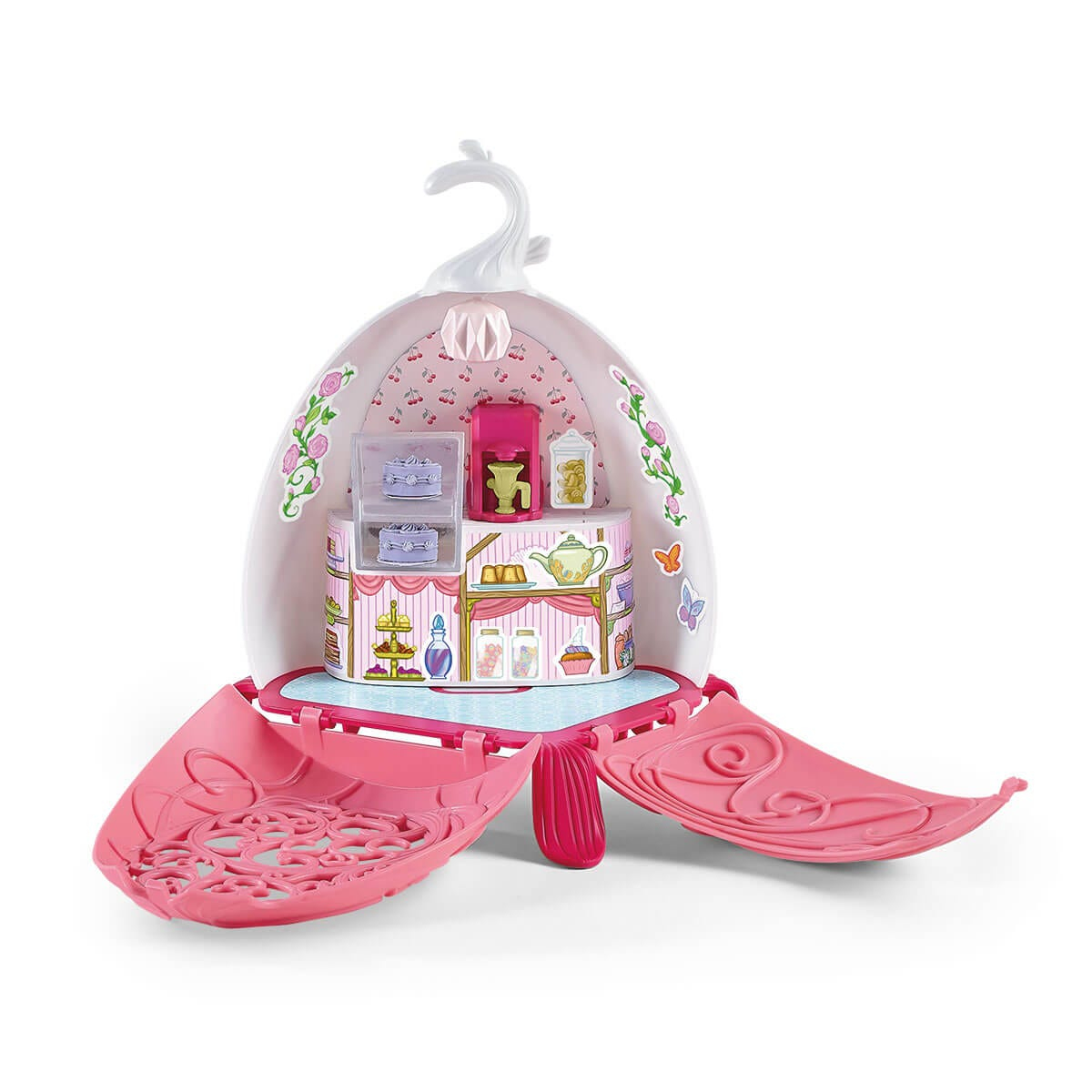 Ein pinkfarbenes Spielzeugset mit geöffneter Tür. Im Inneren befinden sich Spielzeugartikel auf einem Regal.
