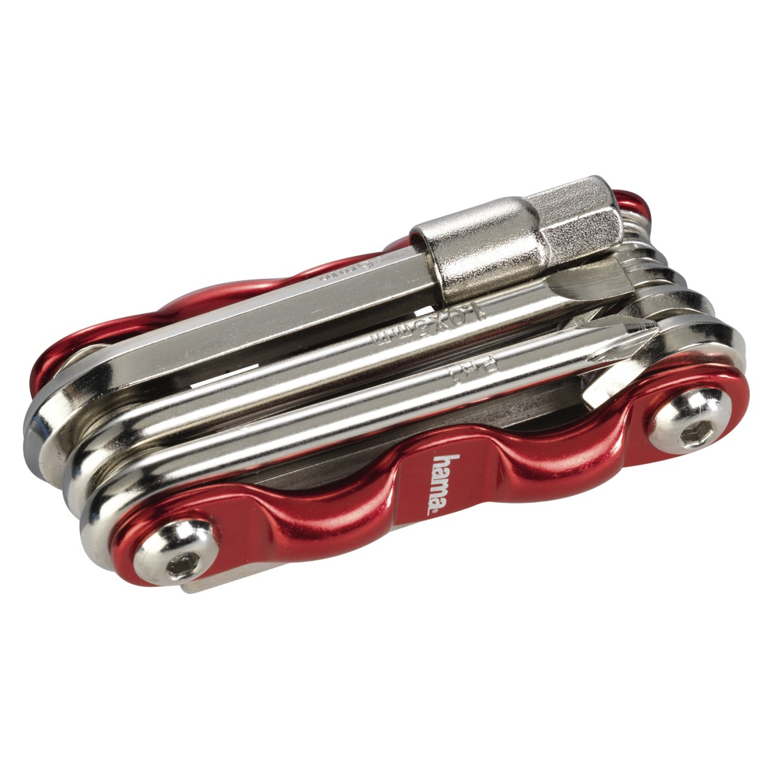 Un multi-tool di Hama, con accenti rossi. Ha vari strumenti metallici e un manico a vite.