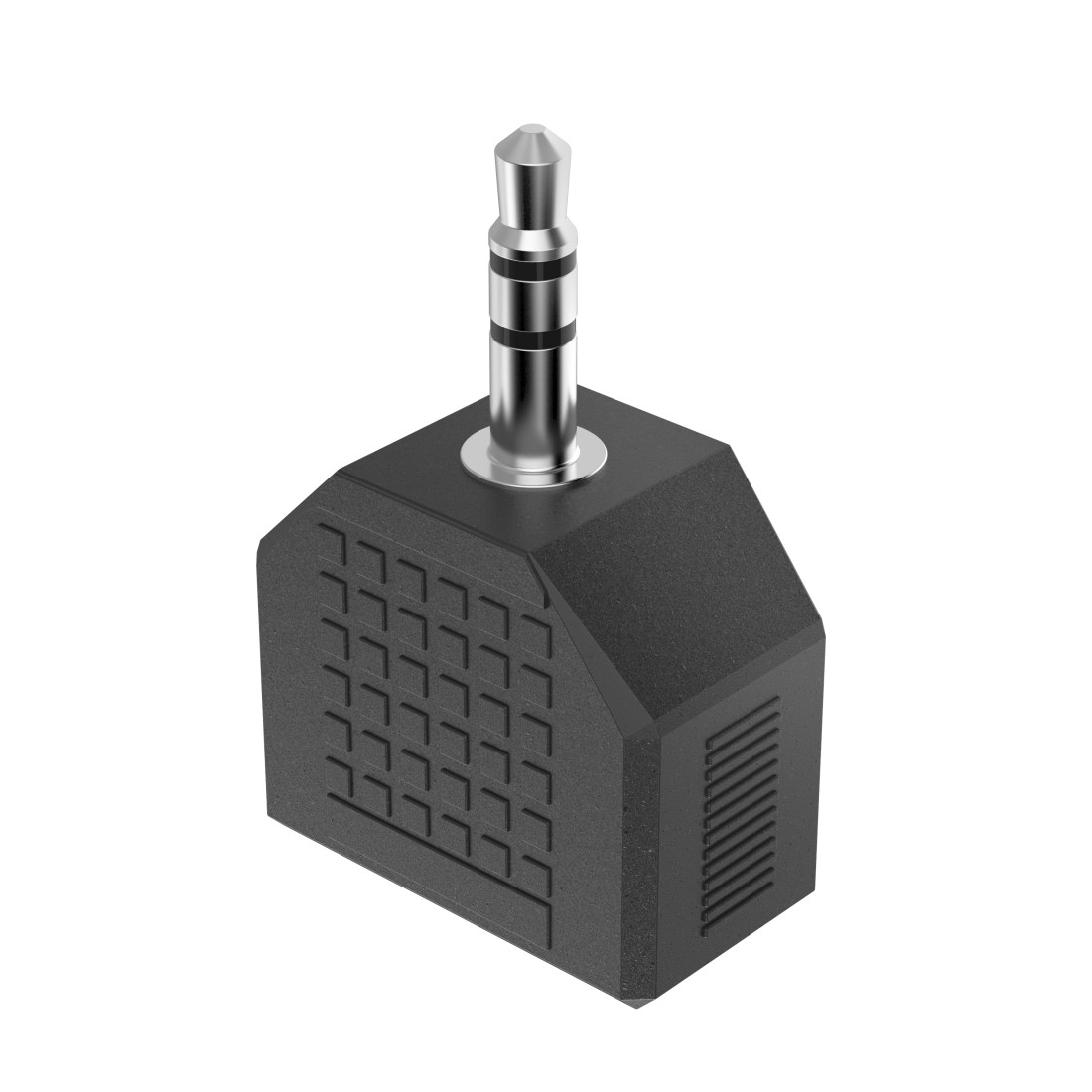 Un adaptador de audio negro con un conector plateado de 3,5 mm y un cuerpo en forma de bloque.