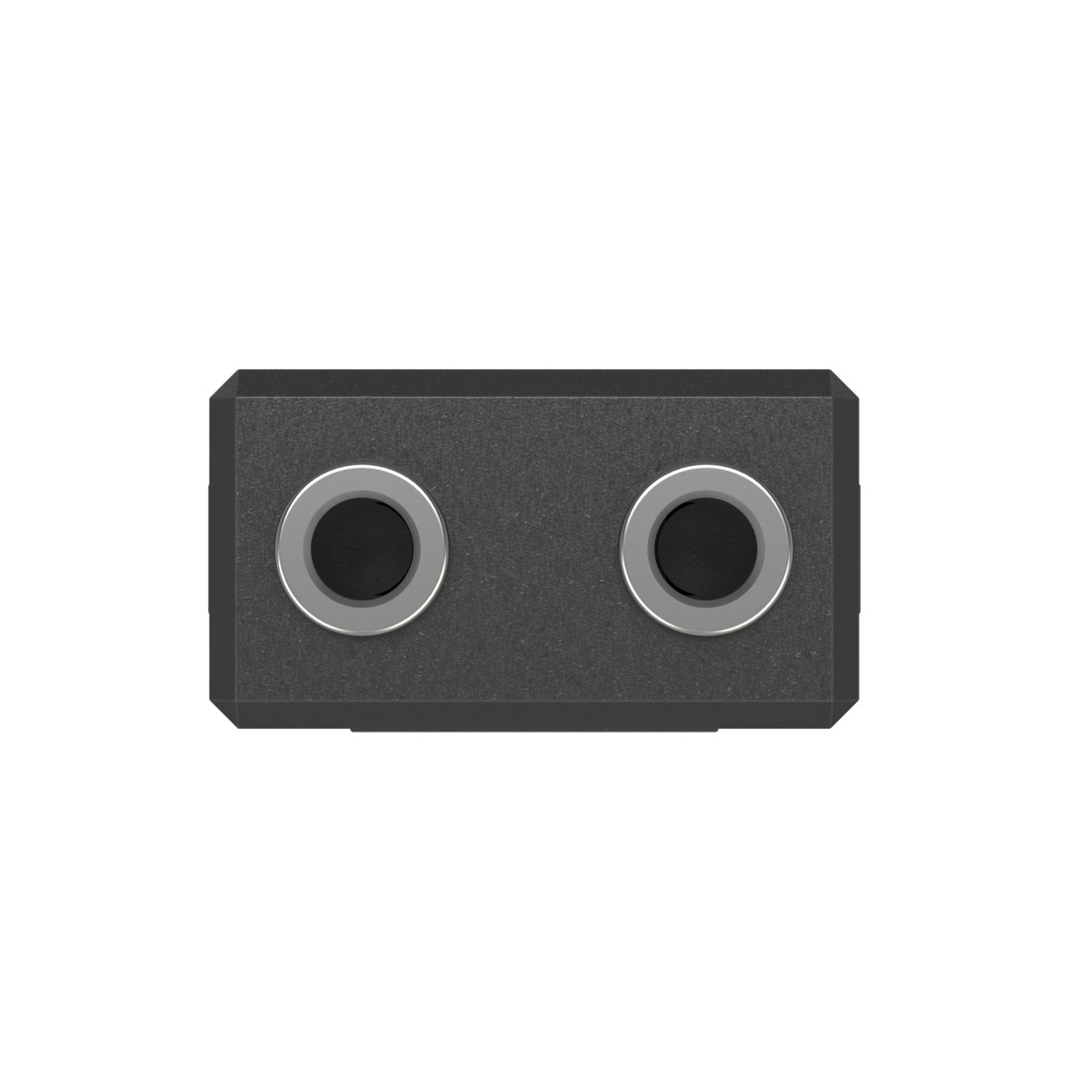 Altavoz gris oscuro con dos aberturas circulares, sobre un fondo blanco.