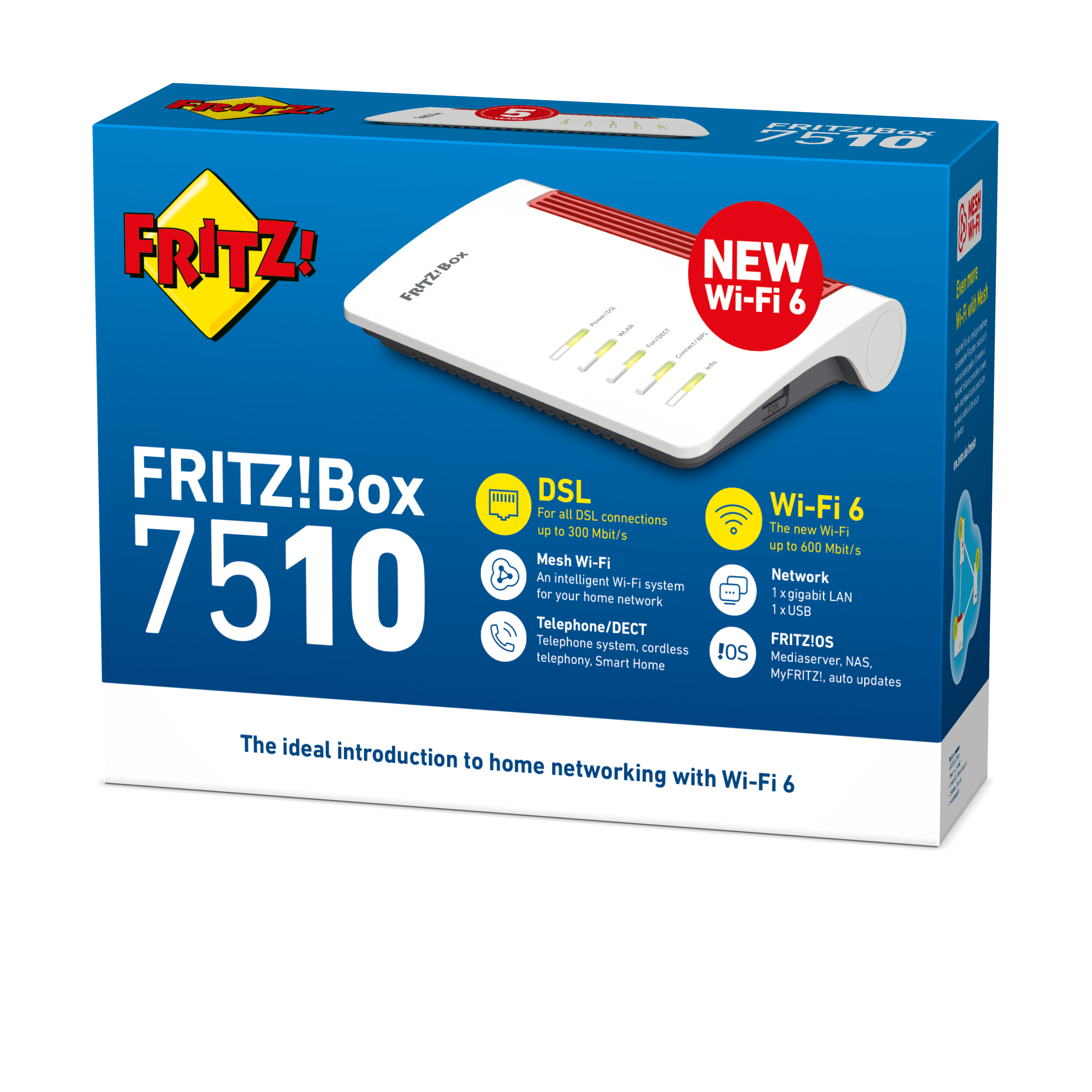 Pudełko Fritz!Box 7510. Pudełko jest biało-niebieskie i wyświetla informacje o produkcie oraz funkcje Wi-Fi.