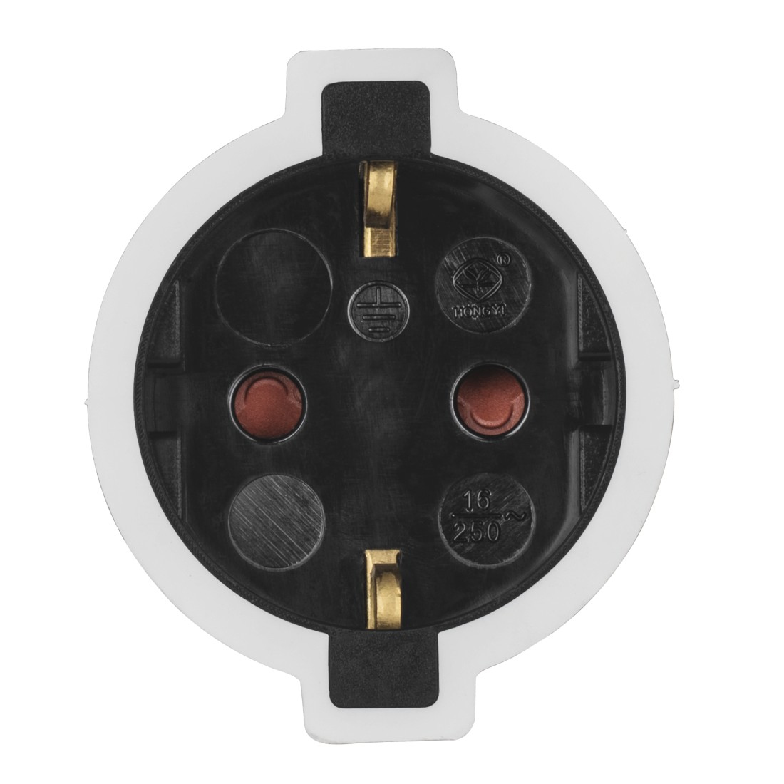 Una presa elettrica rotonda, con interno nero e perni dorati. Bordo bianco.