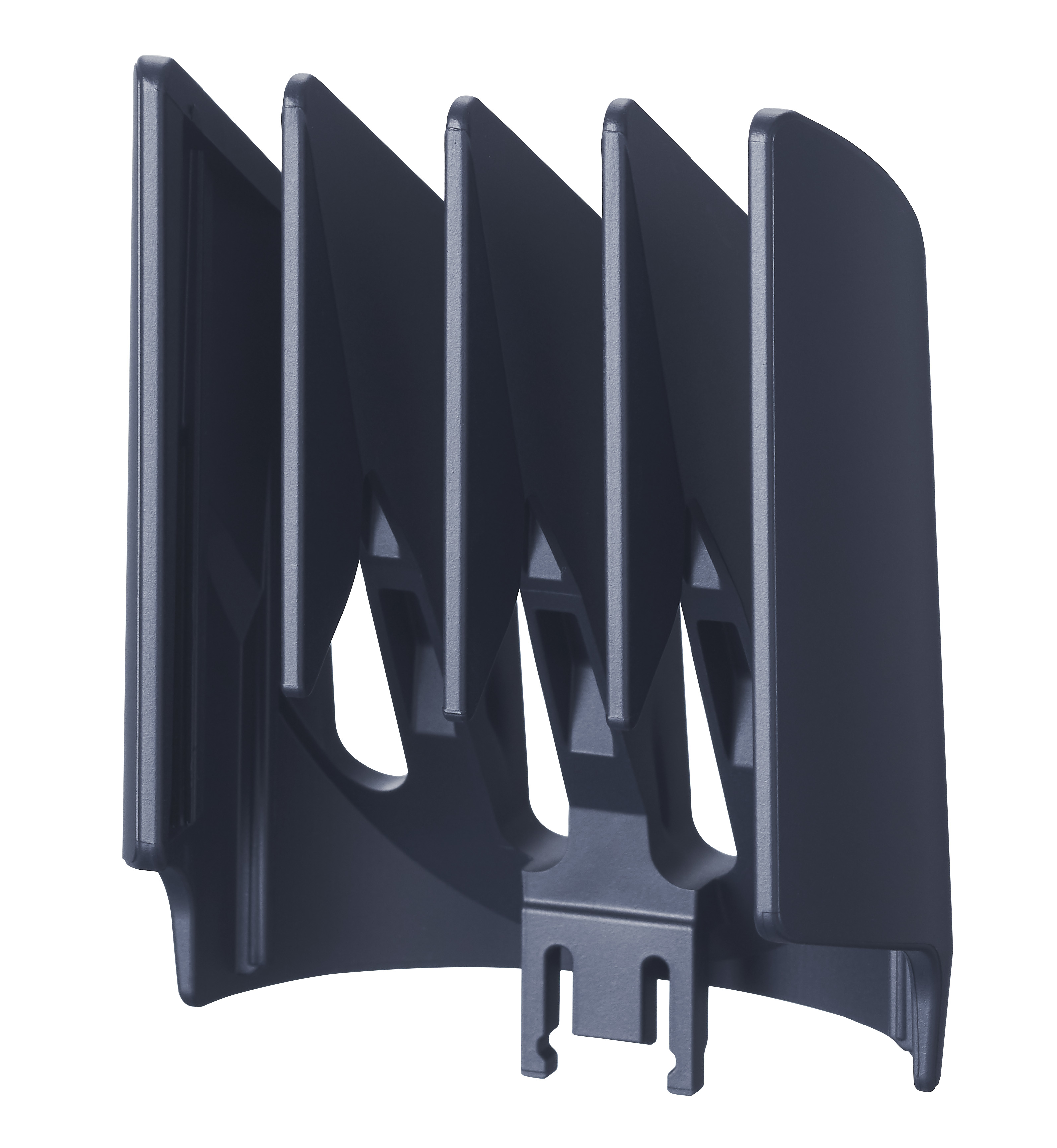 Ciemnoniebieskie plastikowe osłony maszynki do strzyżenia ułożone w linii.