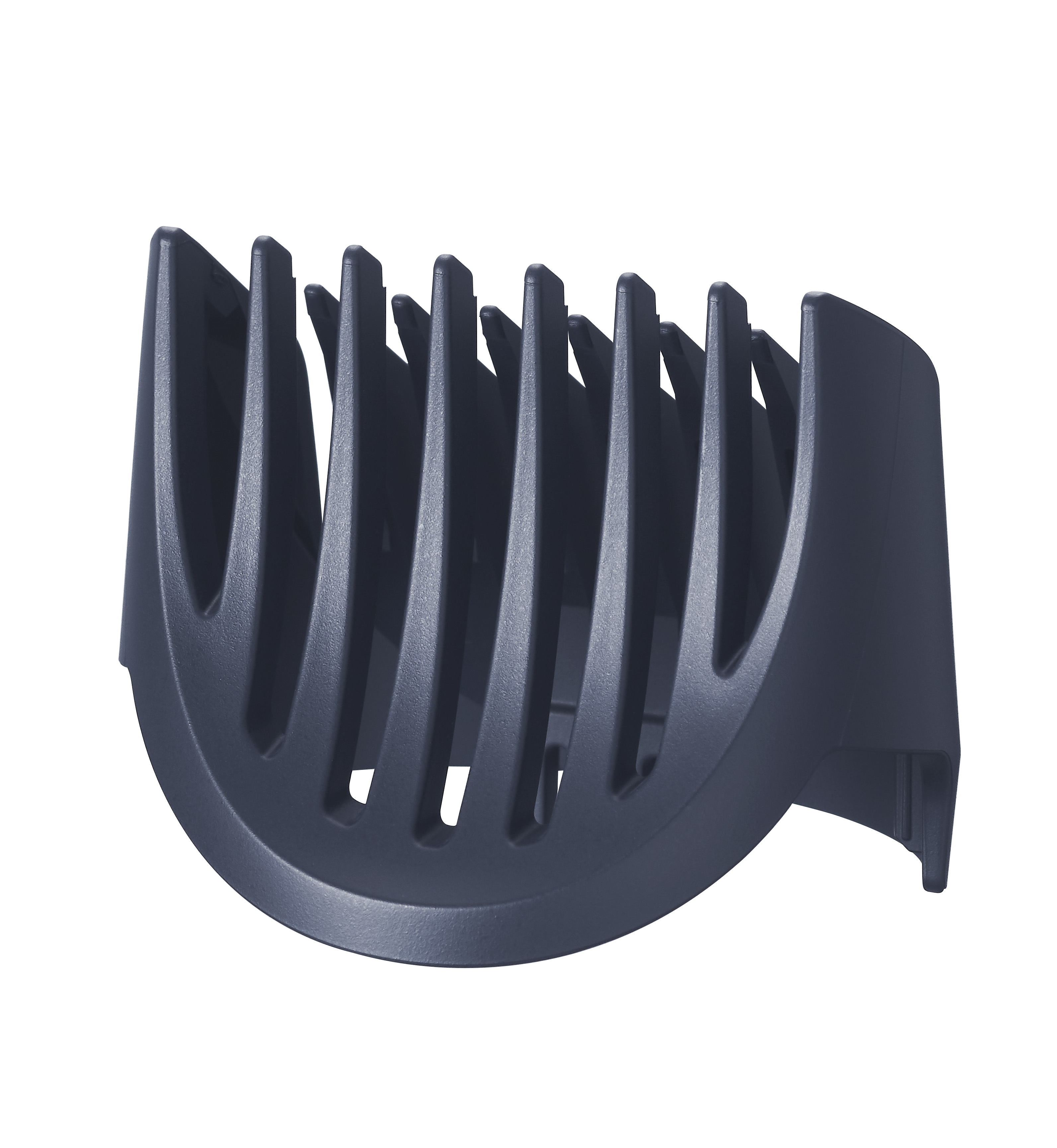 Zbliżenie czarnej nasadki do strzyżenia włosów. Ma zakrzywione zęby do strzyżenia włosów.