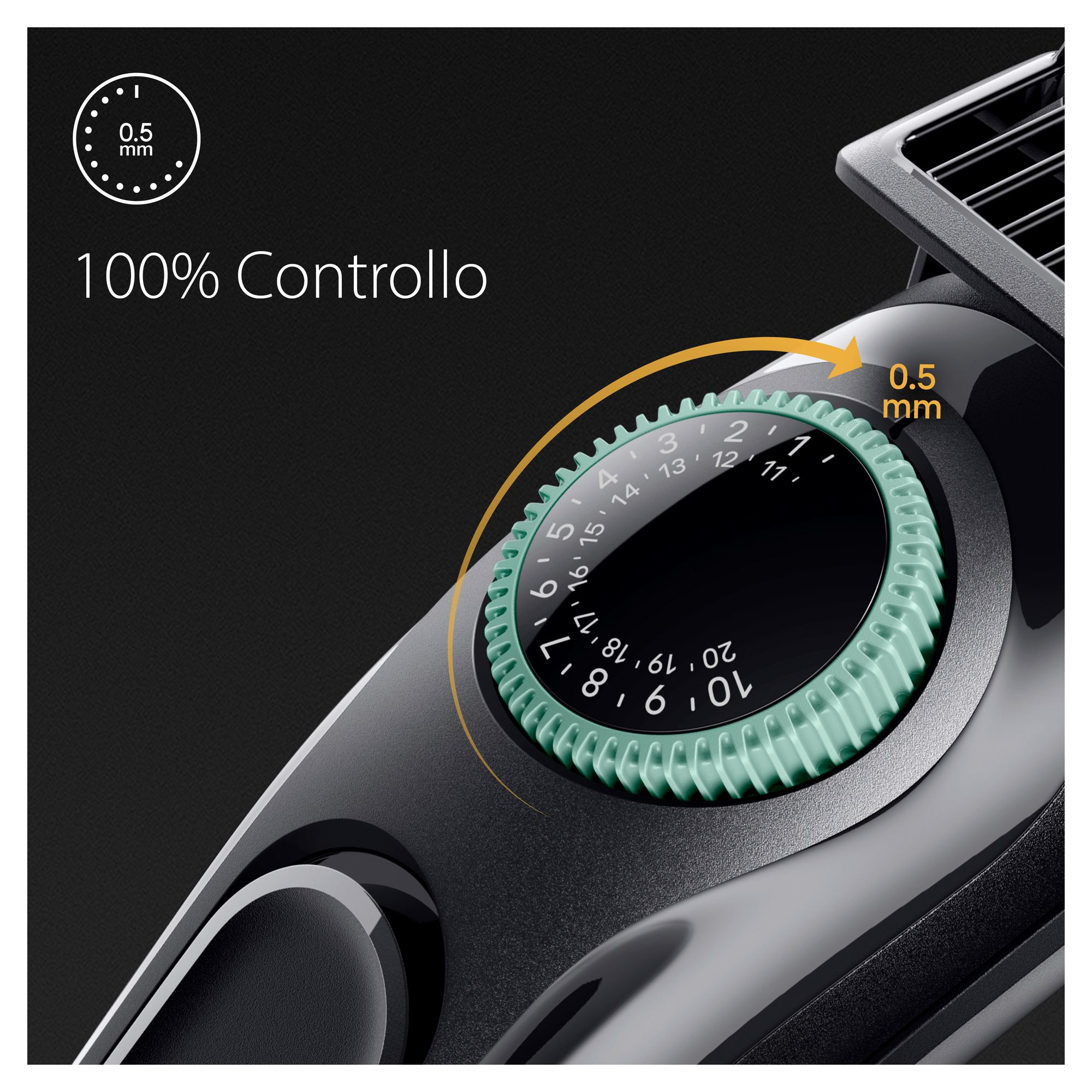 Pokrętło trymera pokazuje numery ustawień. Pokrętło ustawione na 0,5 mm.