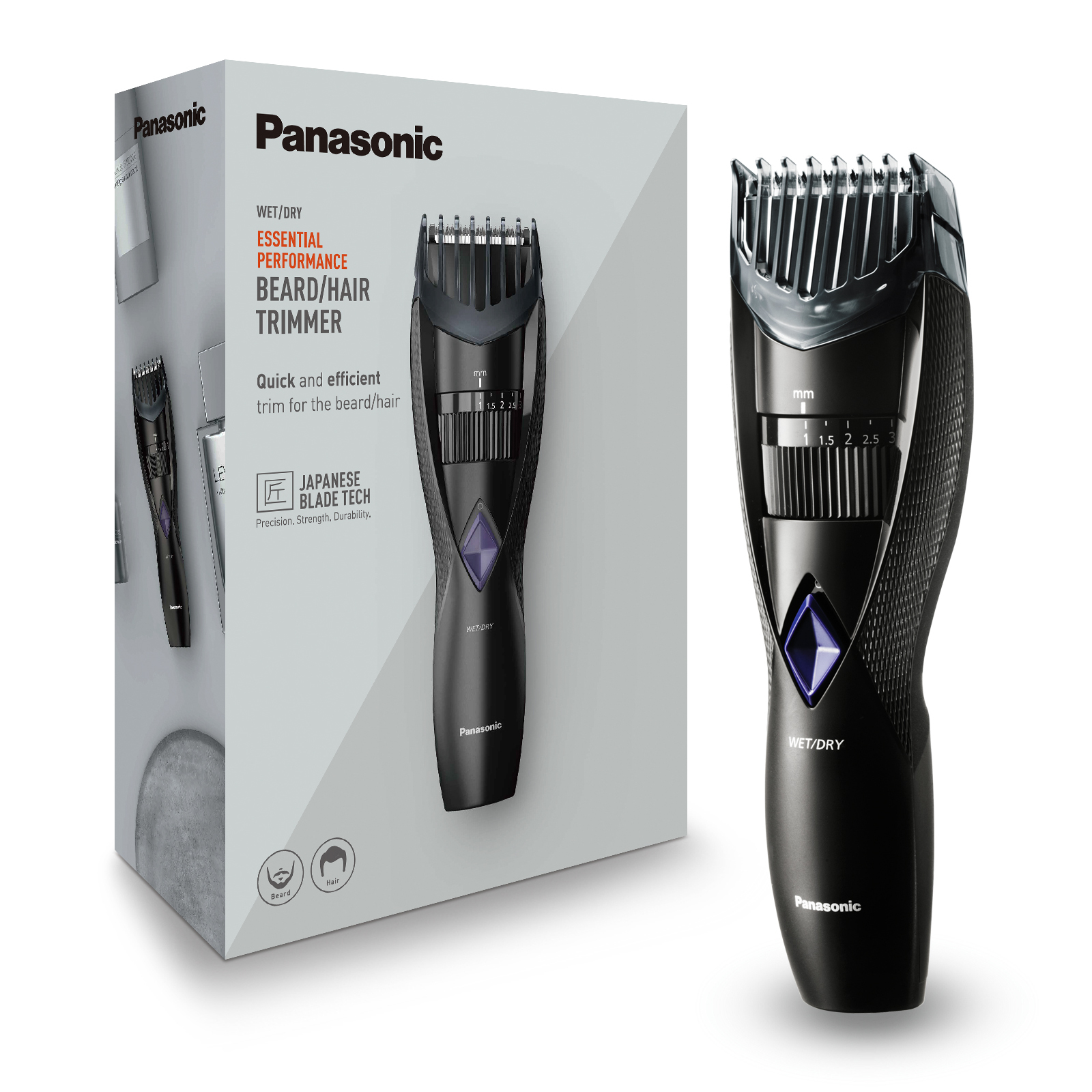 Recortadora de barba Panasonic en caja y expuesta. Muestra la recortadora, la caja y la configuración en mm.