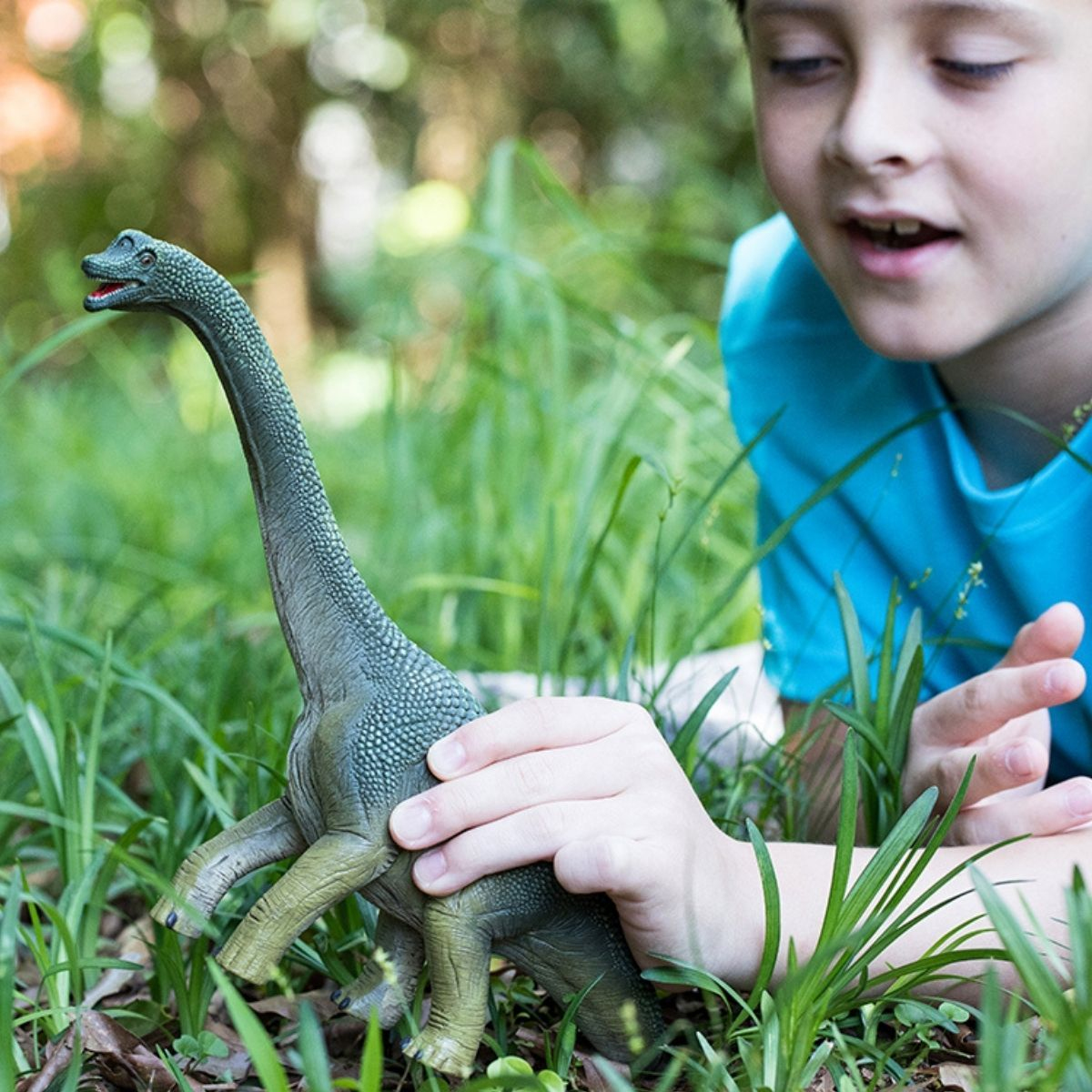 Junge betrachtet Dinosaurier-Spielzeug im Gras. Dinosaurier grün und blau.