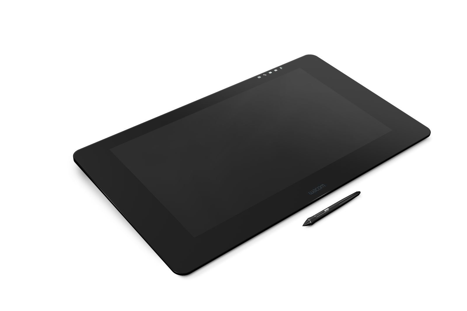 Czarny tablet graficzny Wacom z rysikiem na białym tle.