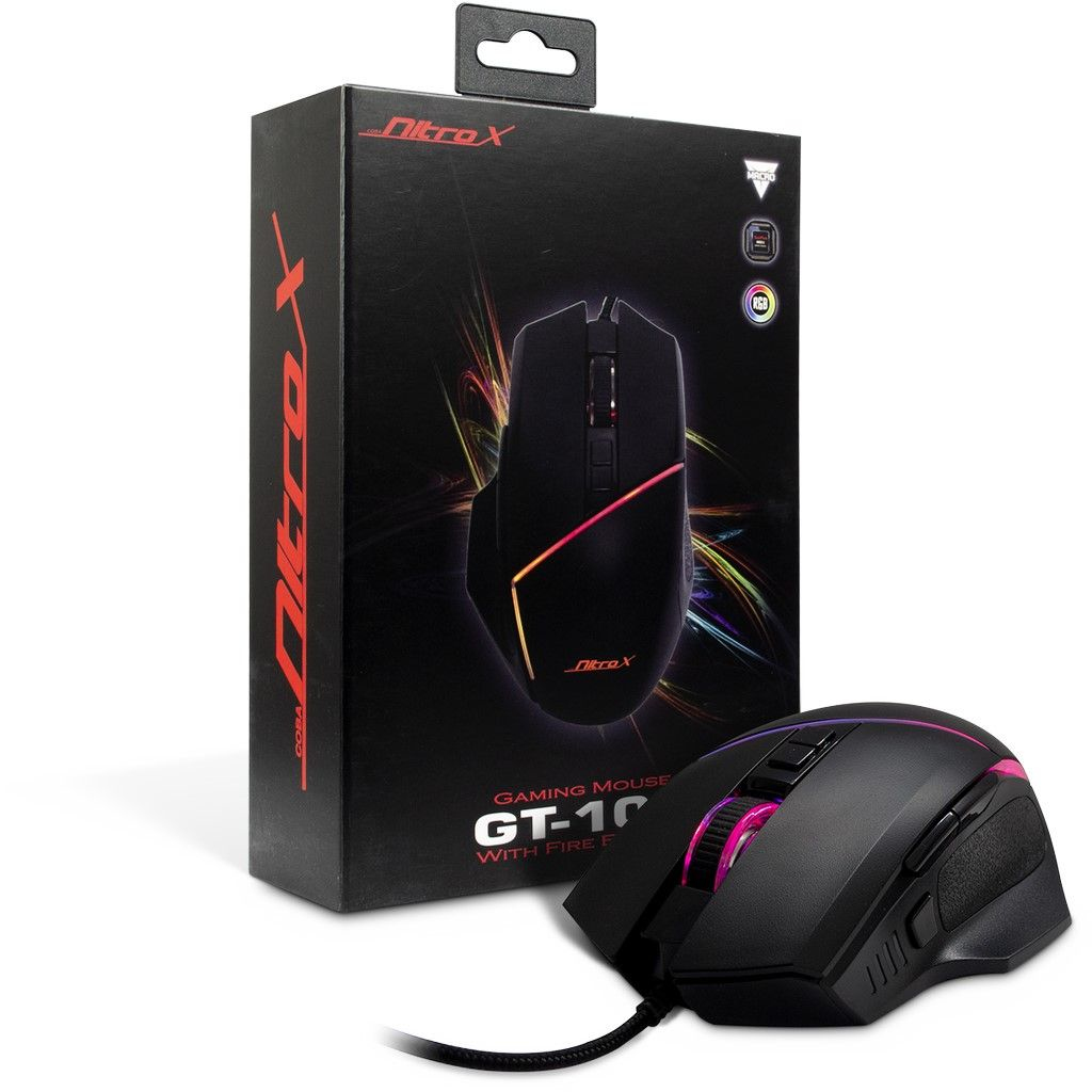 Zwarte gamingmuis met een doos, die de muis en zijn functies laat zien.