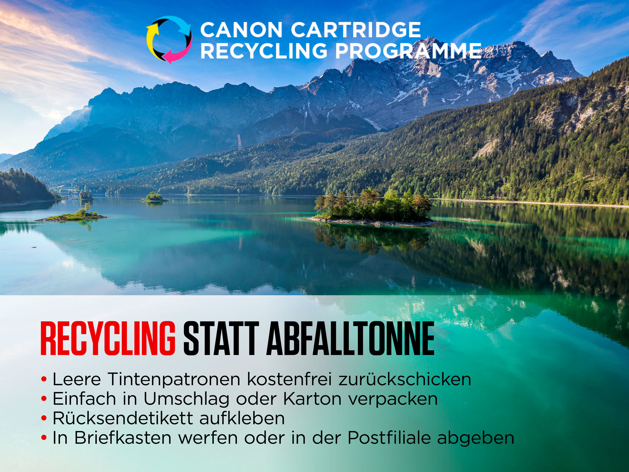 Malownicze zdjęcie jeziora z górą i tekstem o recyklingu.