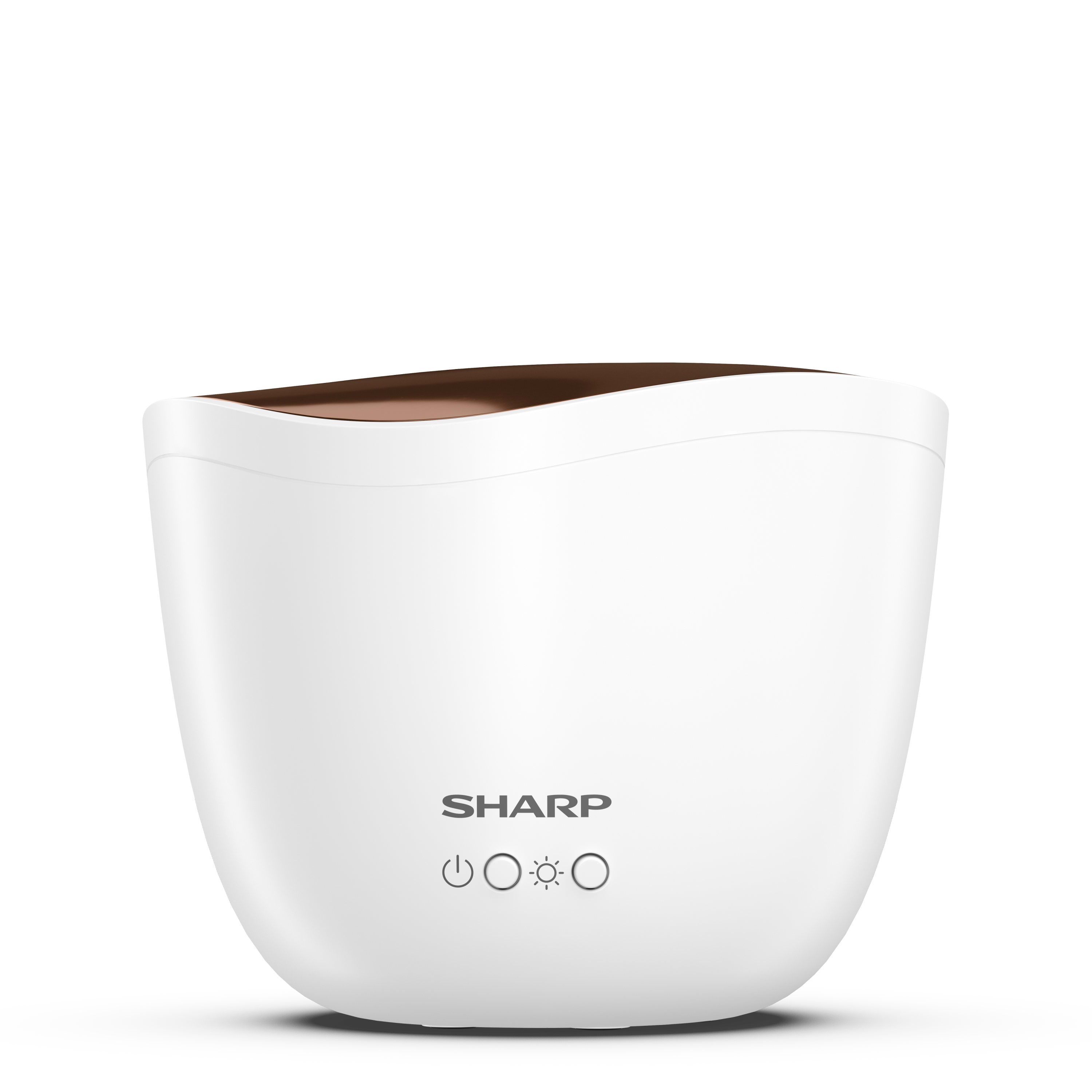 Wit SHARP-apparaat met stroom-, zon- en maansymbolen. Een koperkleurige bovenrand is zichtbaar.