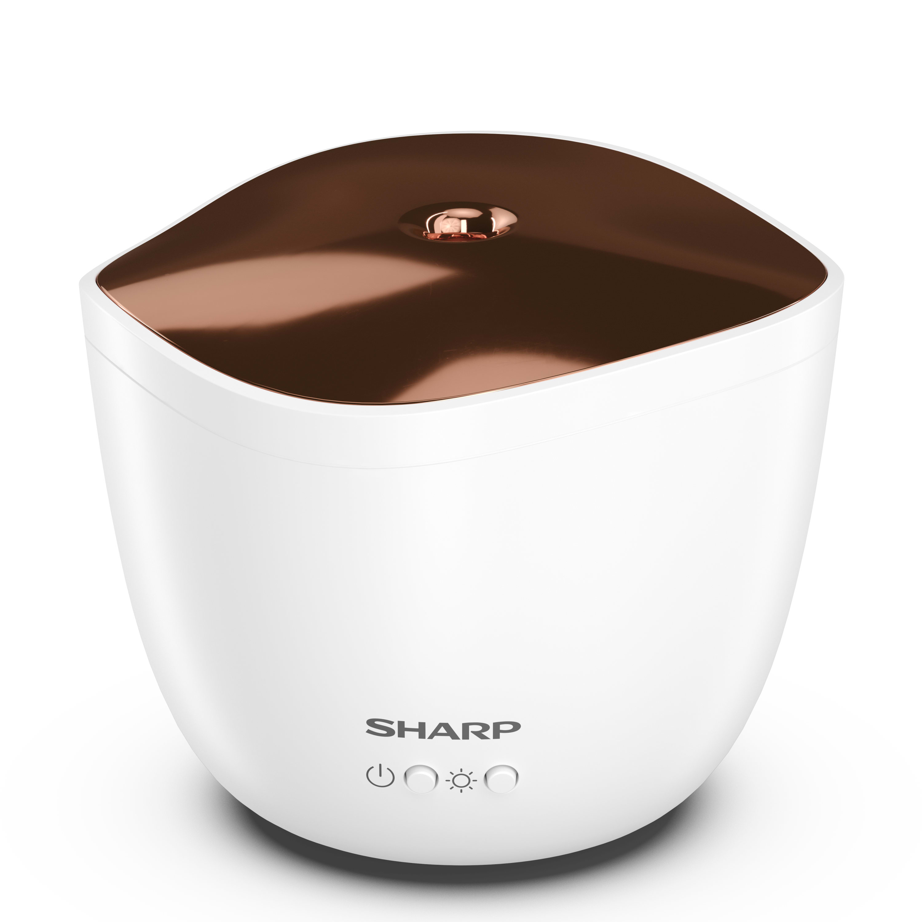 Witte en koperkleurige etherische olie diffuser op een wit oppervlak.