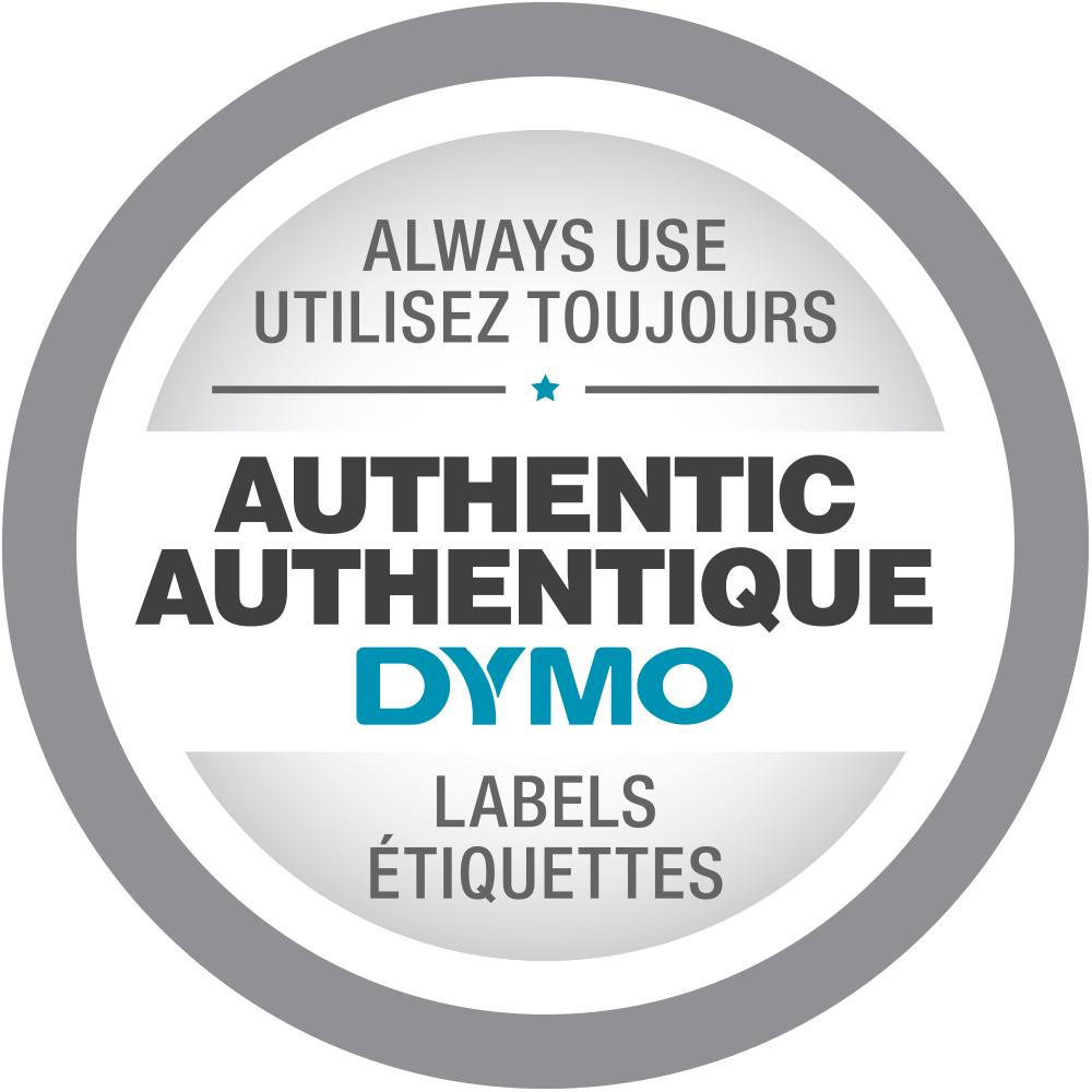'ALWAYS USE AUTHENTIC DYMO LABELS' yazan beyaz ve gri bir etiket.