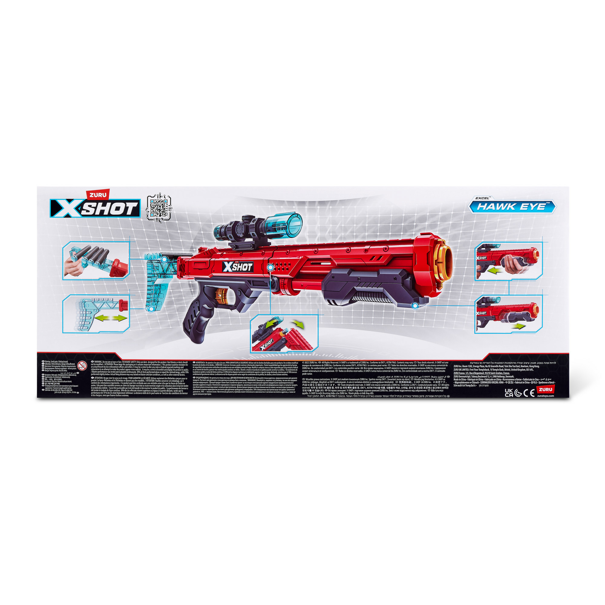 Die Rückseite einer roten X-Shot Hawk Eye Spielzeugpistole mit Anweisungen, Merkmalen und einem QR-Code.