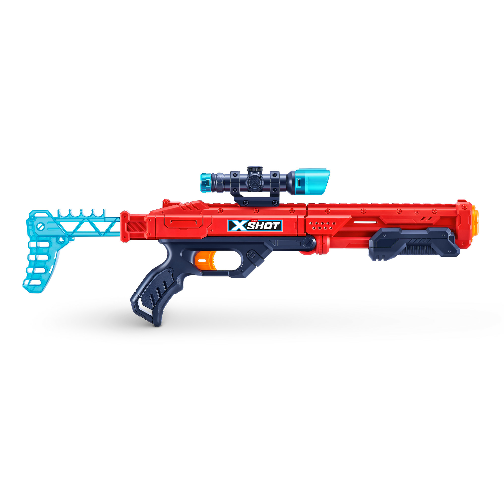 Rote Spielzeugpistole mit Zielfernrohr. Blaue Akzente am Schaft. XSHOT ist darauf geschrieben.
