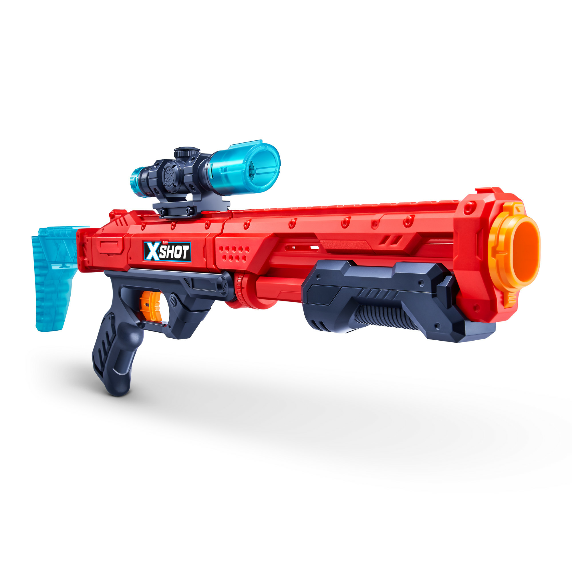 Rote und schwarze Spielzeugpistole mit blauen Akzenten und einem Zielfernrohr. Sie hat einen orangenen Lauf.