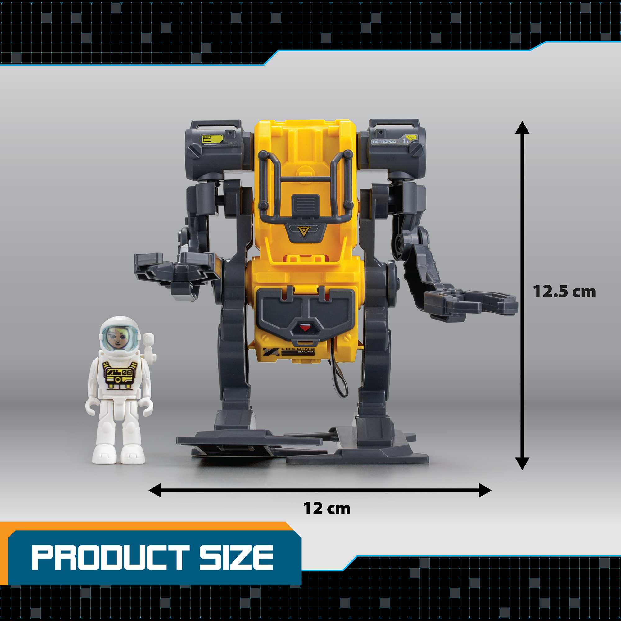 Gelbes und graues Roboterspielzeug mit einer Astronautenfigur. Weißer Hintergrund.