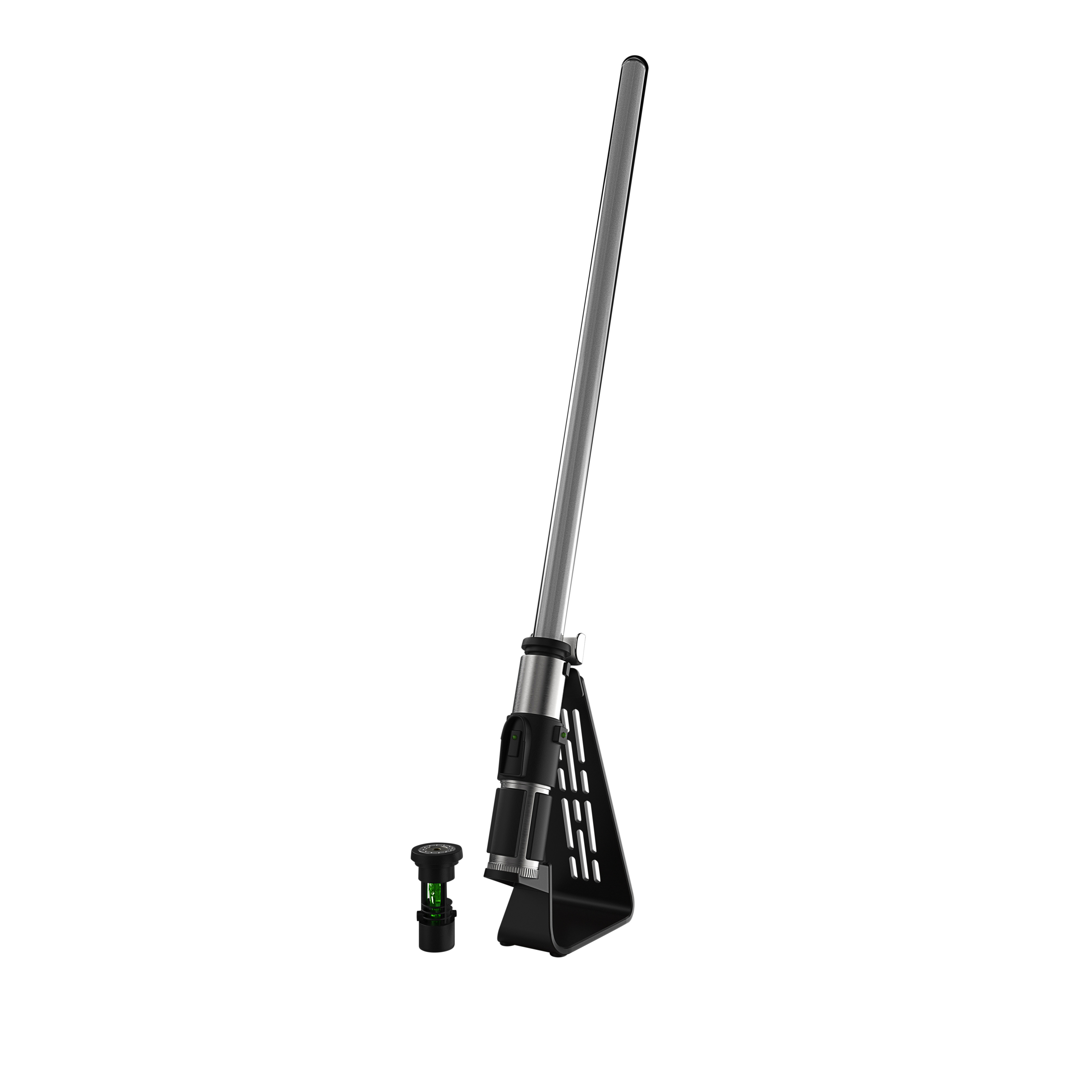 Czarny poziom laserowy ze srebrnym prętem na czarnym stojaku i małym zielonym poziomem, izolowany.